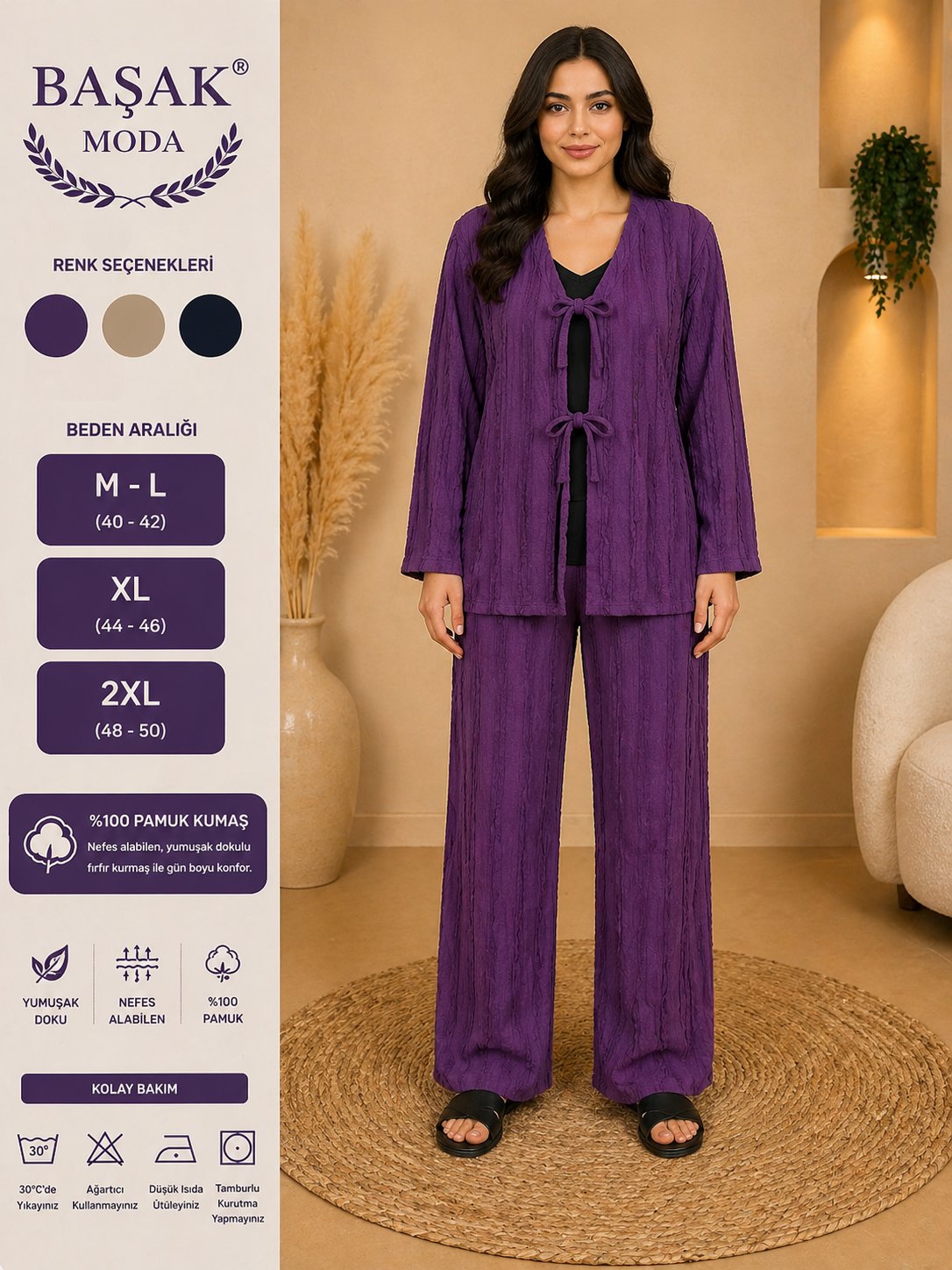 Fırfır Kumaş Kimono İkili Takım - Mor