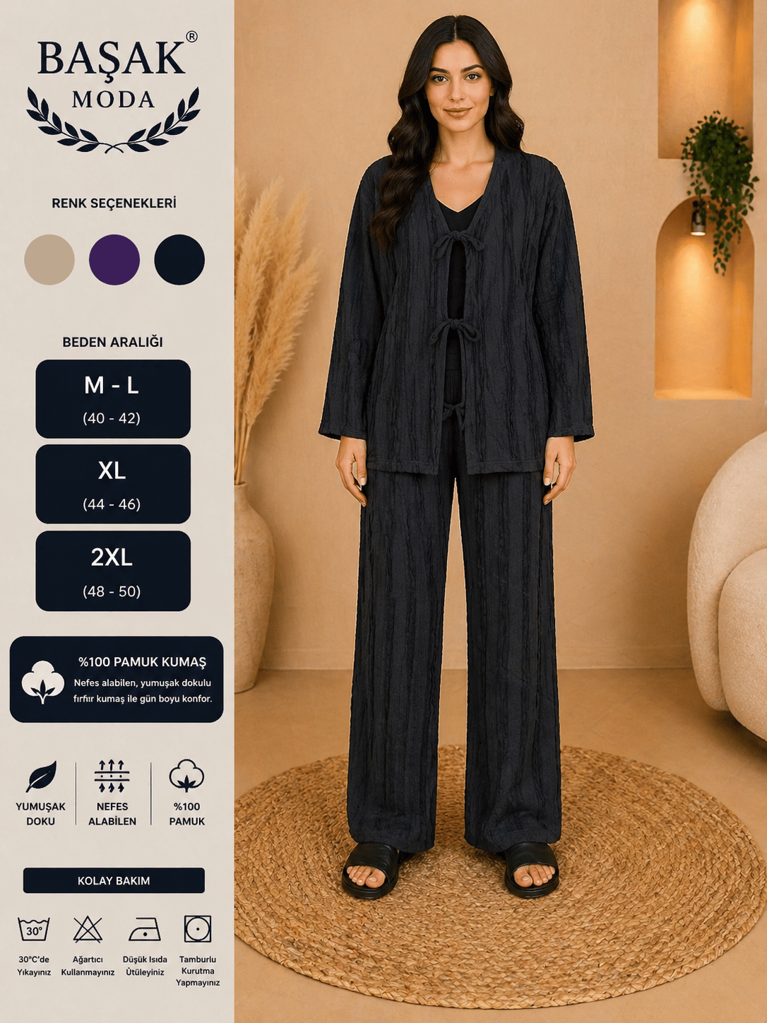 Fırfır Kumaş Kimono İkili Takım - Siyah