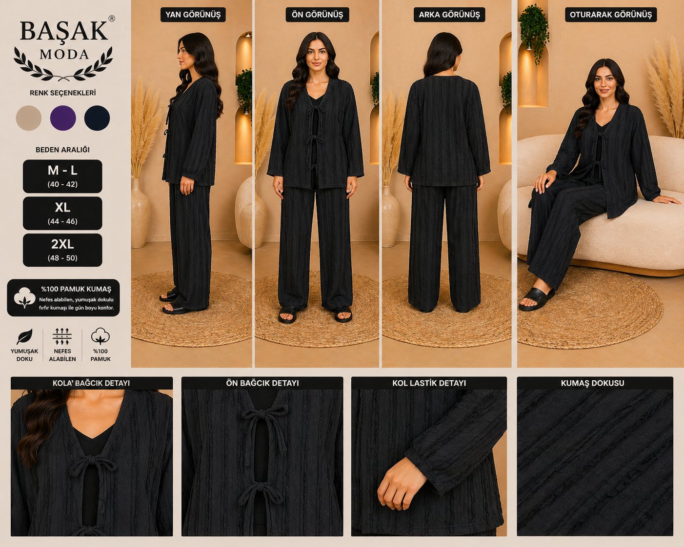 Fırfır Kumaş Kimono İkili Takım - Siyah