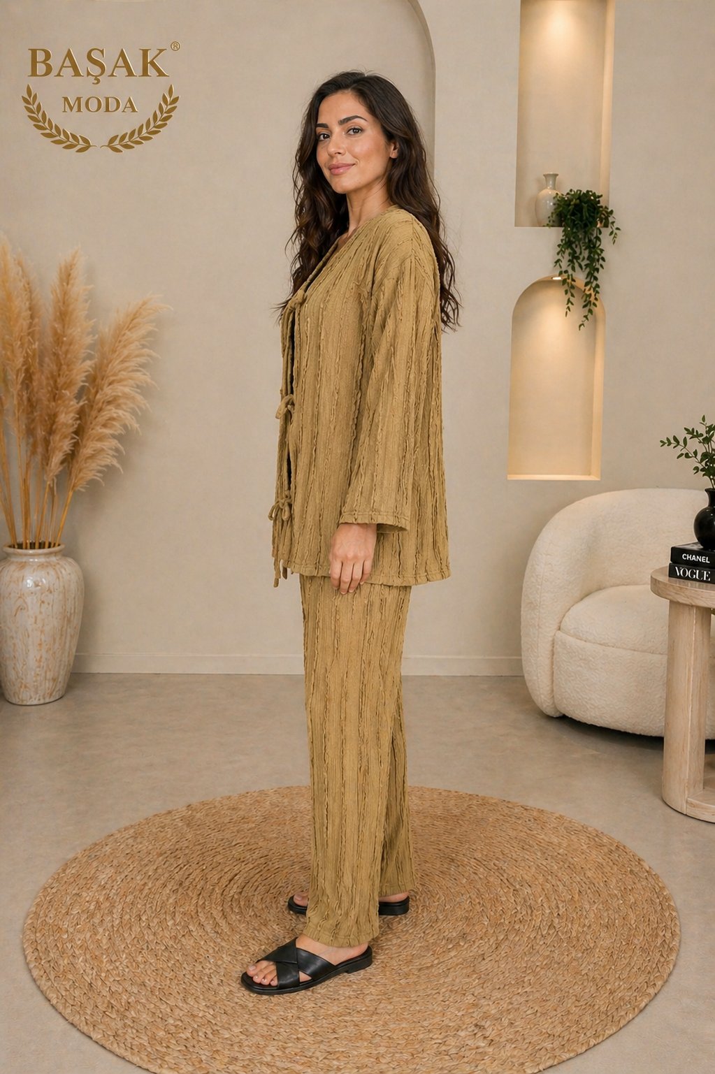 Fırfır Kumaş Kimono İkili Takım - Yağ Yeşili