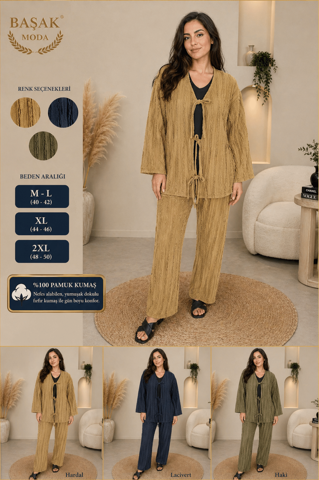 Fırfır Kumaş Kimono İkili Takım - Yağ Yeşili