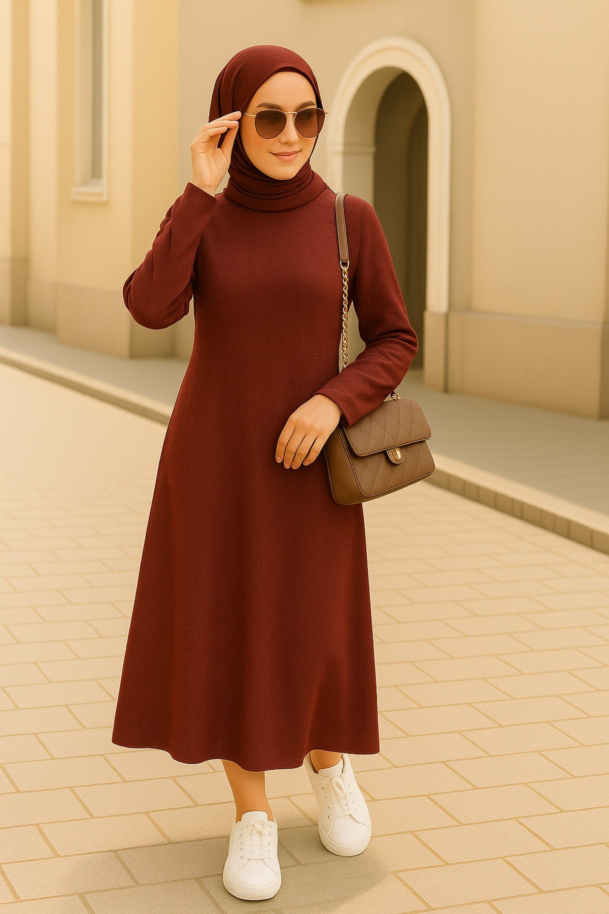 MK LOTUS Karin Kumaş Bordo Elbise Günlük Rahat Şıklık
