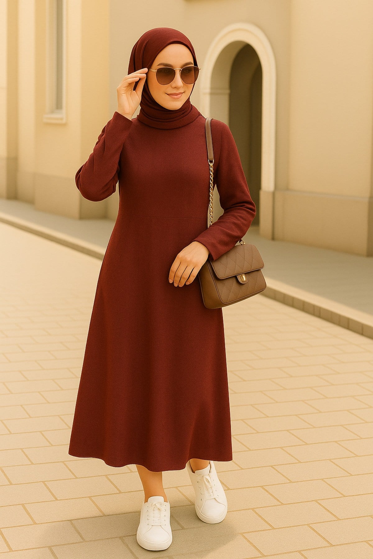 MK LOTUS Karin Kumaş Bordo Elbise Günlük Rahat Şıklık