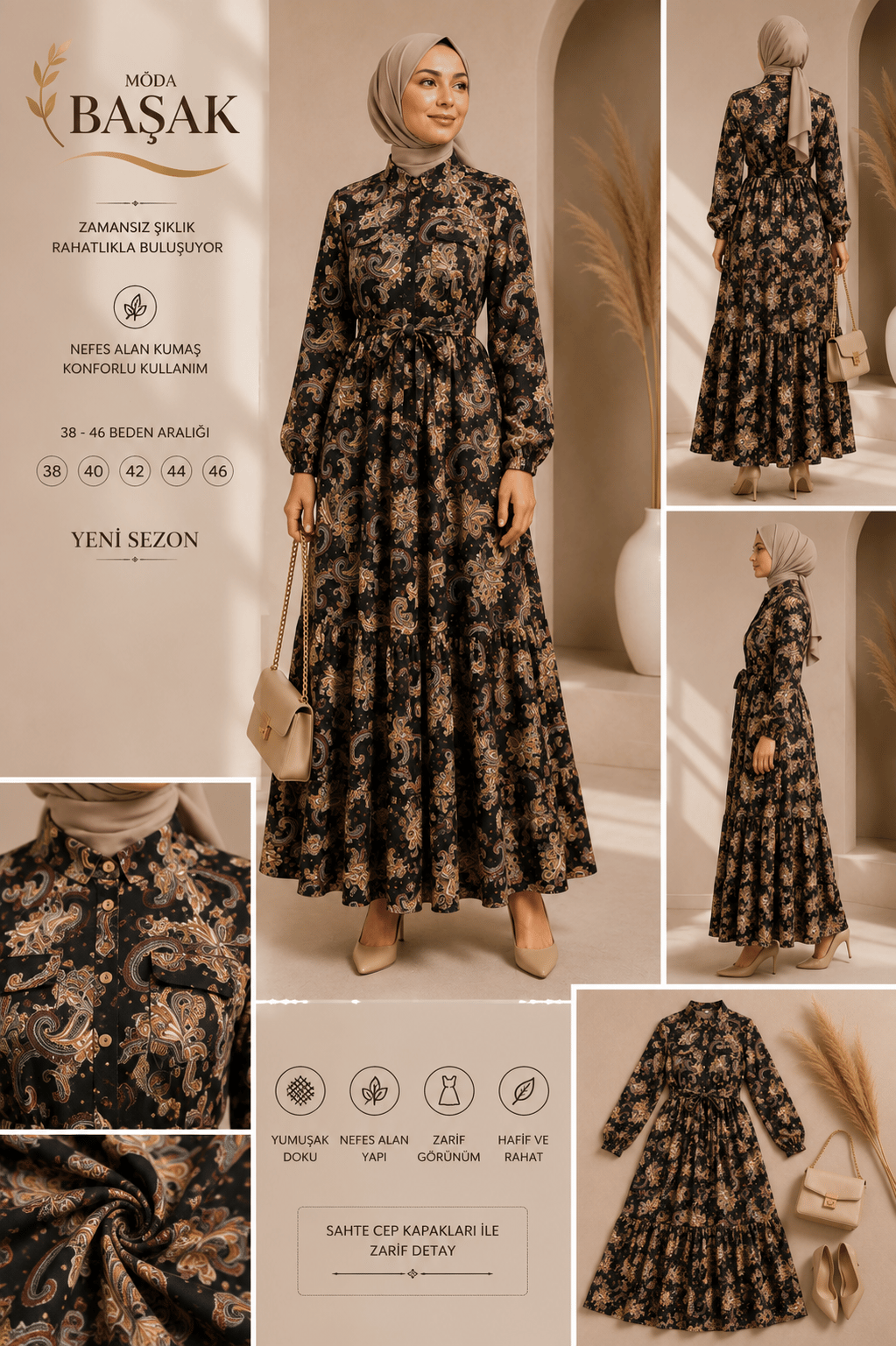 MK MODA BAŞAK YAZLIK DESENLİ MANGO KUMAŞ RAHAT KALIP ELBİSE