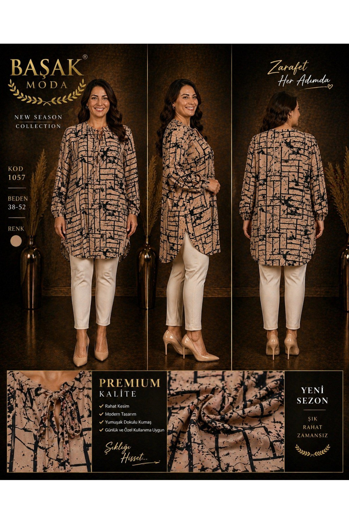 MODA BAŞAK %100 PAMUK DOKUMA DESENLİ TUNİK RAHAT KESİM BÜYÜK BEDEN