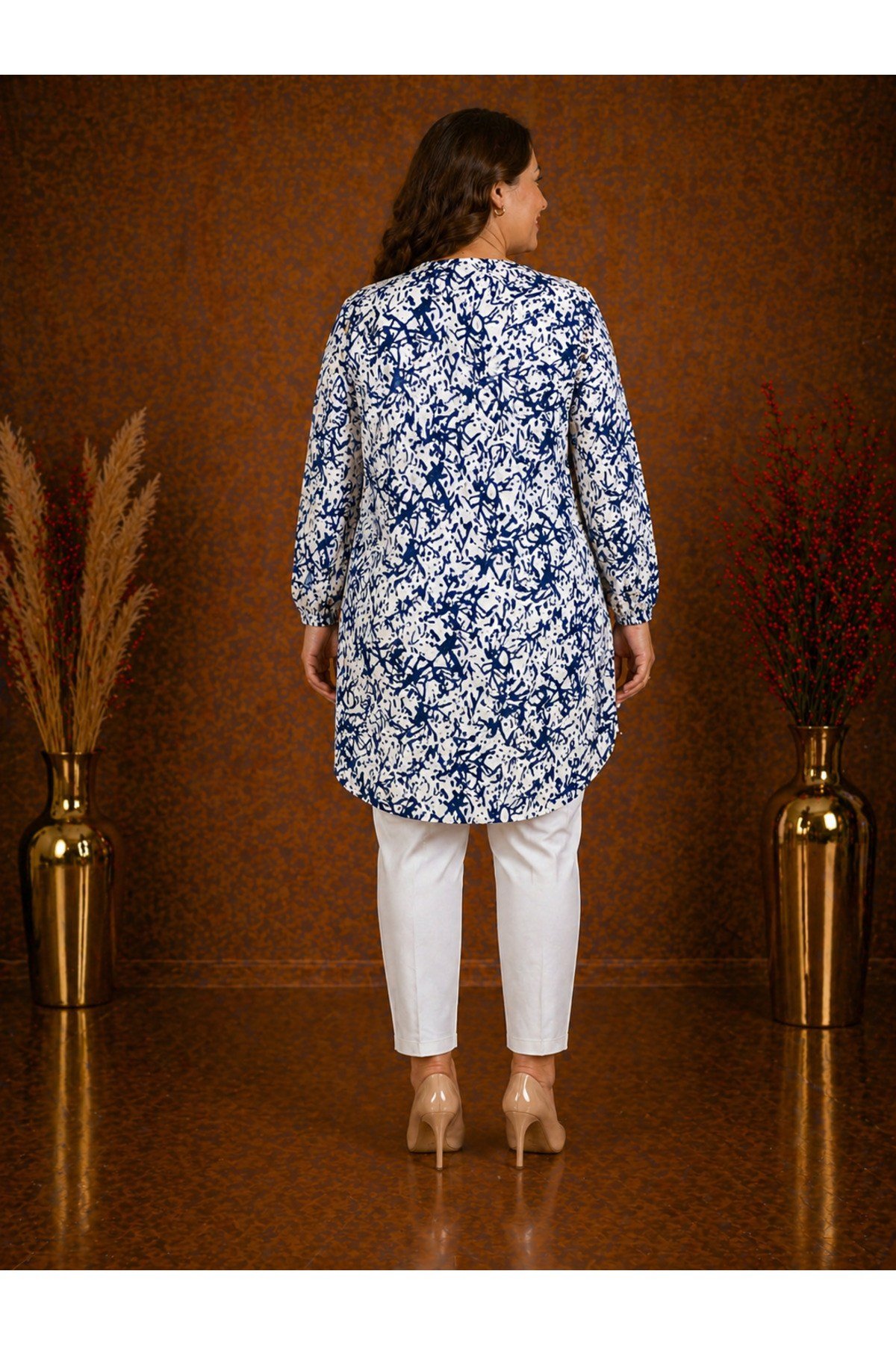 MODA BAŞAK %100 PAMUK DOKUMA DESENLİ TUNİK RAHAT KESİM BÜYÜK BEDEN