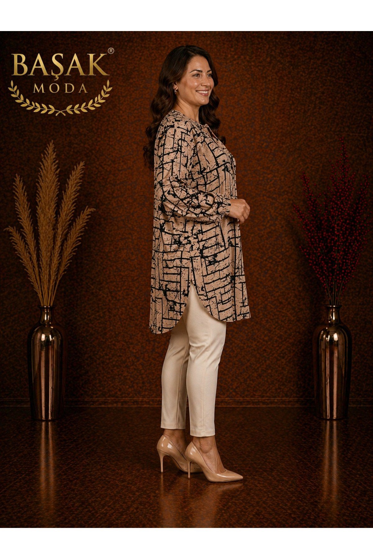 MODA BAŞAK %100 PAMUK DOKUMA DESENLİ TUNİK RAHAT KESİM BÜYÜK BEDEN
