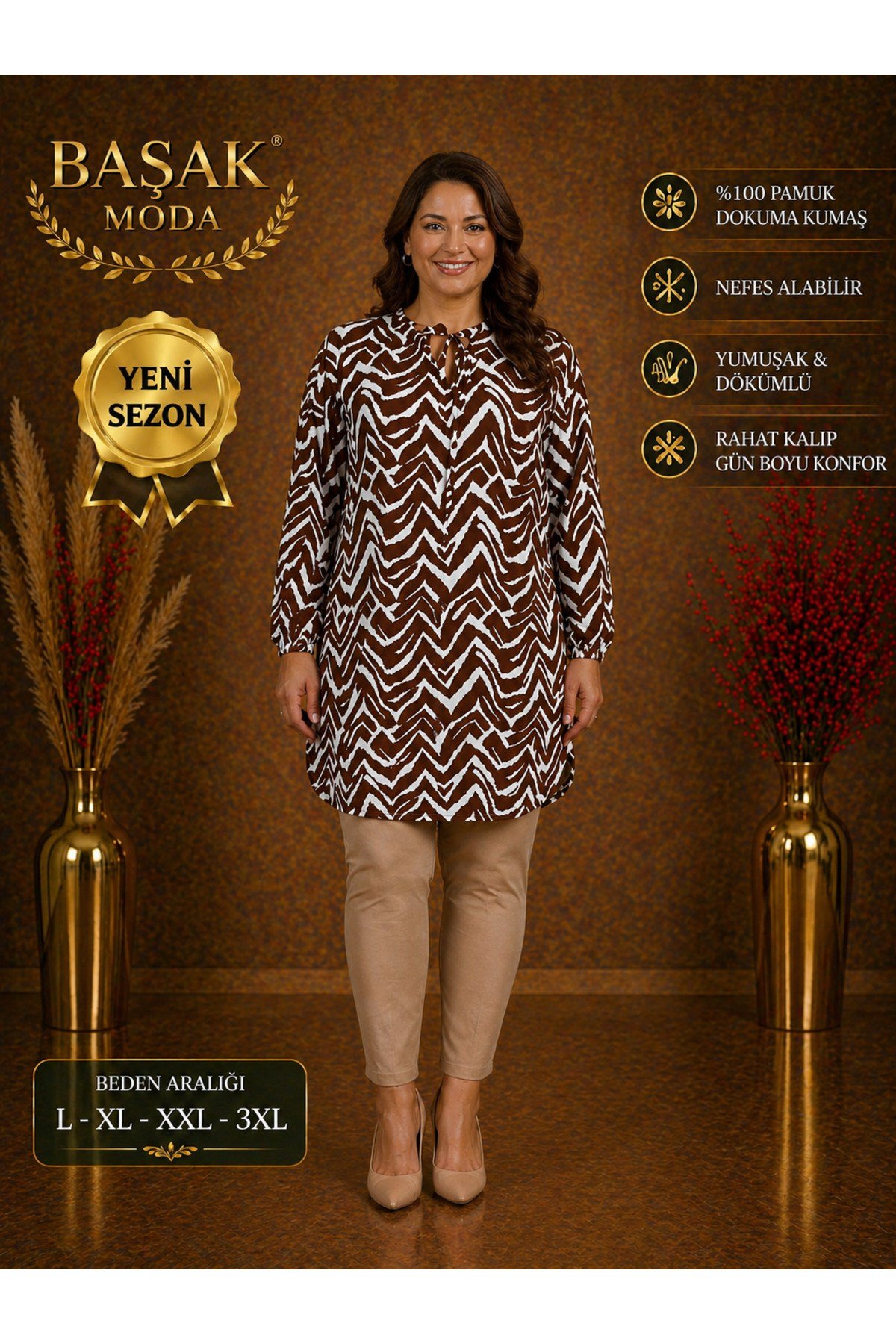 MODA BAŞAK %100 PAMUK DOKUMA DESENLİ TUNİK RAHAT KESİM BÜYÜK BEDEN