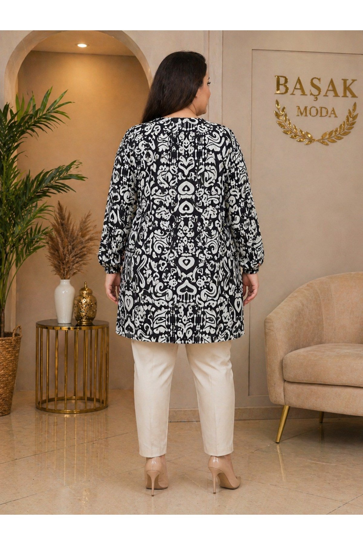 MODA BAŞAK %100 PAMUK DOKUMA DESENLİ TUNİK RAHAT KESİM BÜYÜK BEDEN