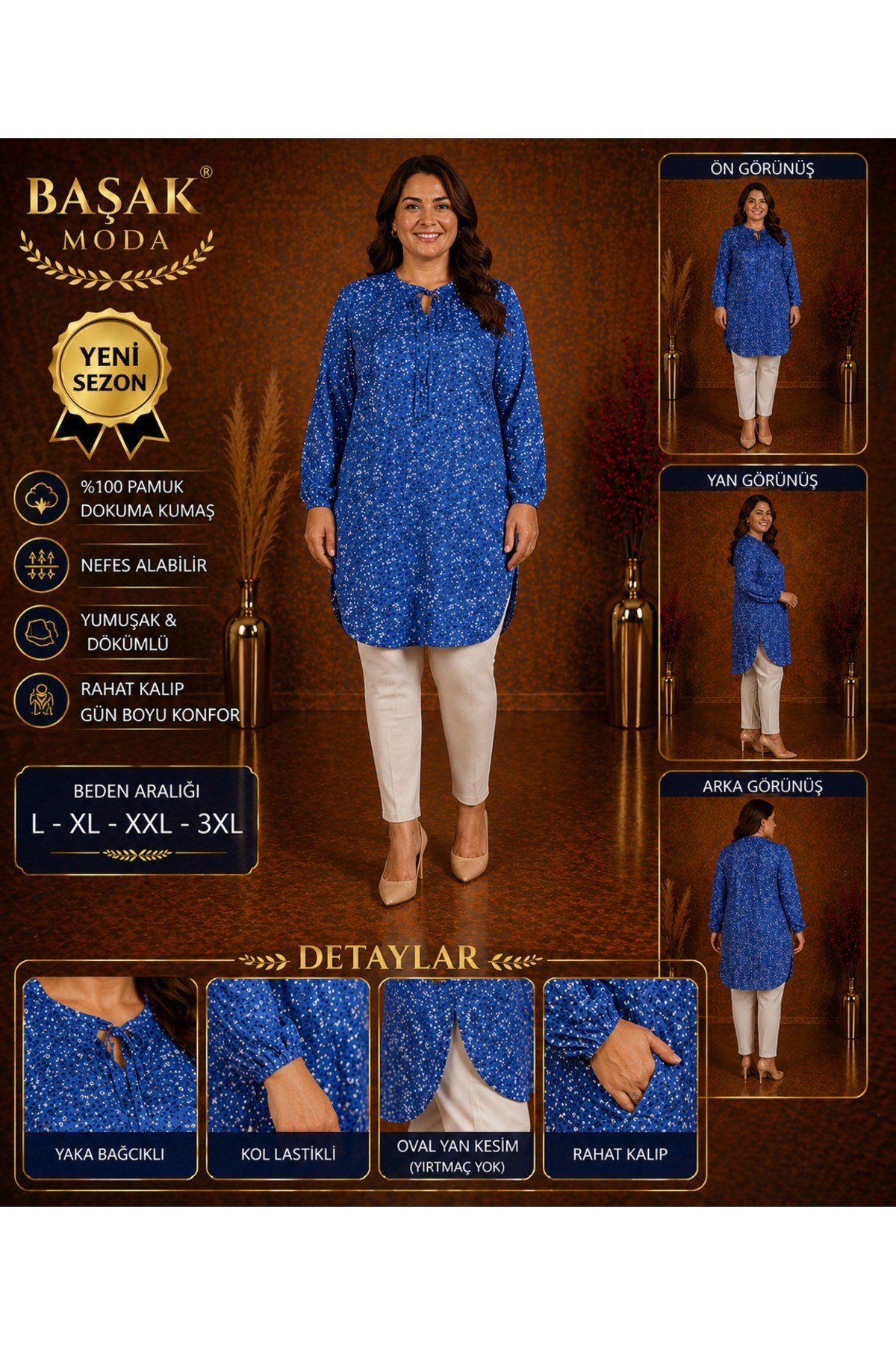 MODA BAŞAK %100 PAMUK DOKUMA DESENLİ TUNİK RAHAT KESİM BÜYÜK BEDEN