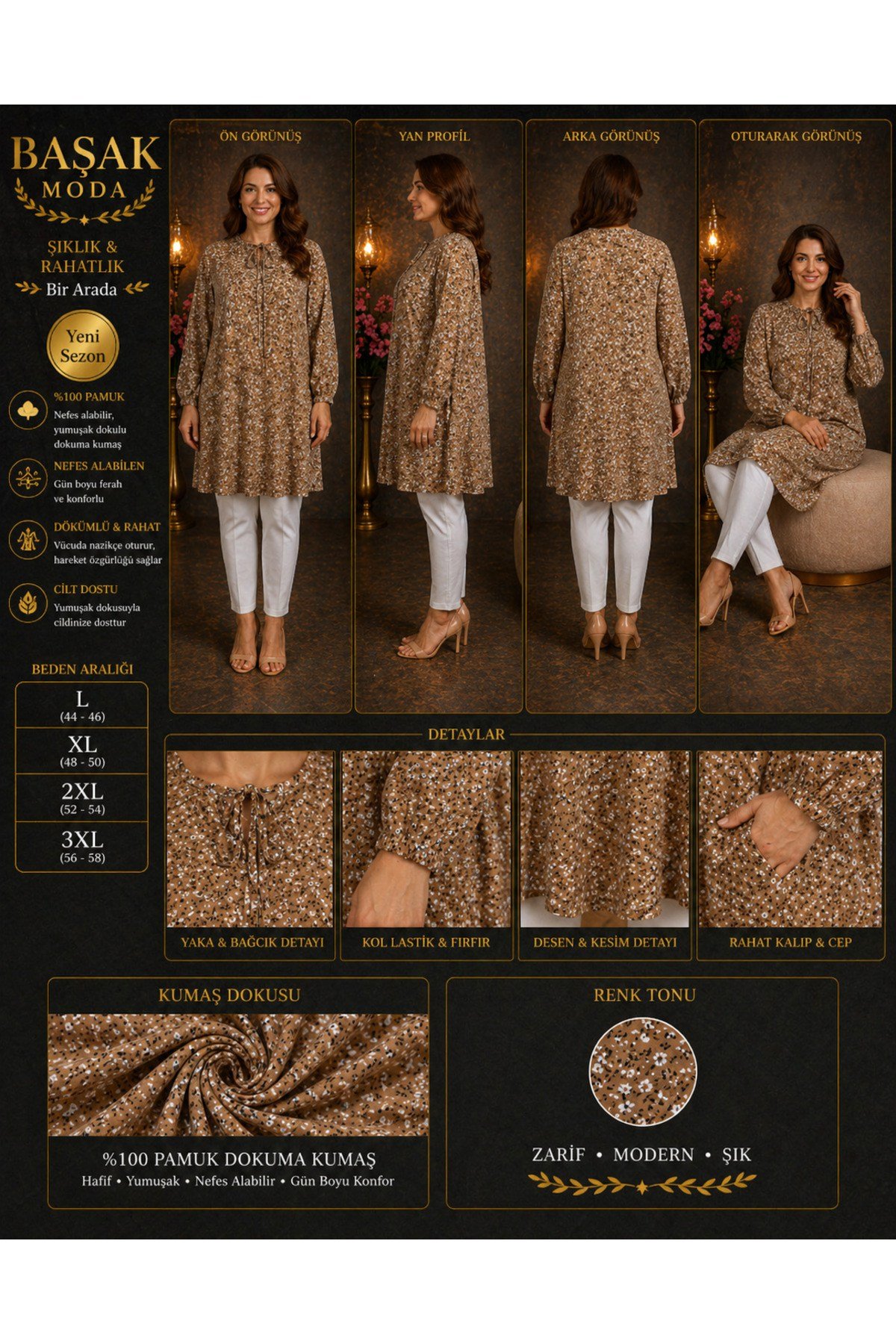 MODA BAŞAK %100 PAMUK DOKUMA DESENLİ TUNİK RAHAT KESİM BÜYÜK BEDEN