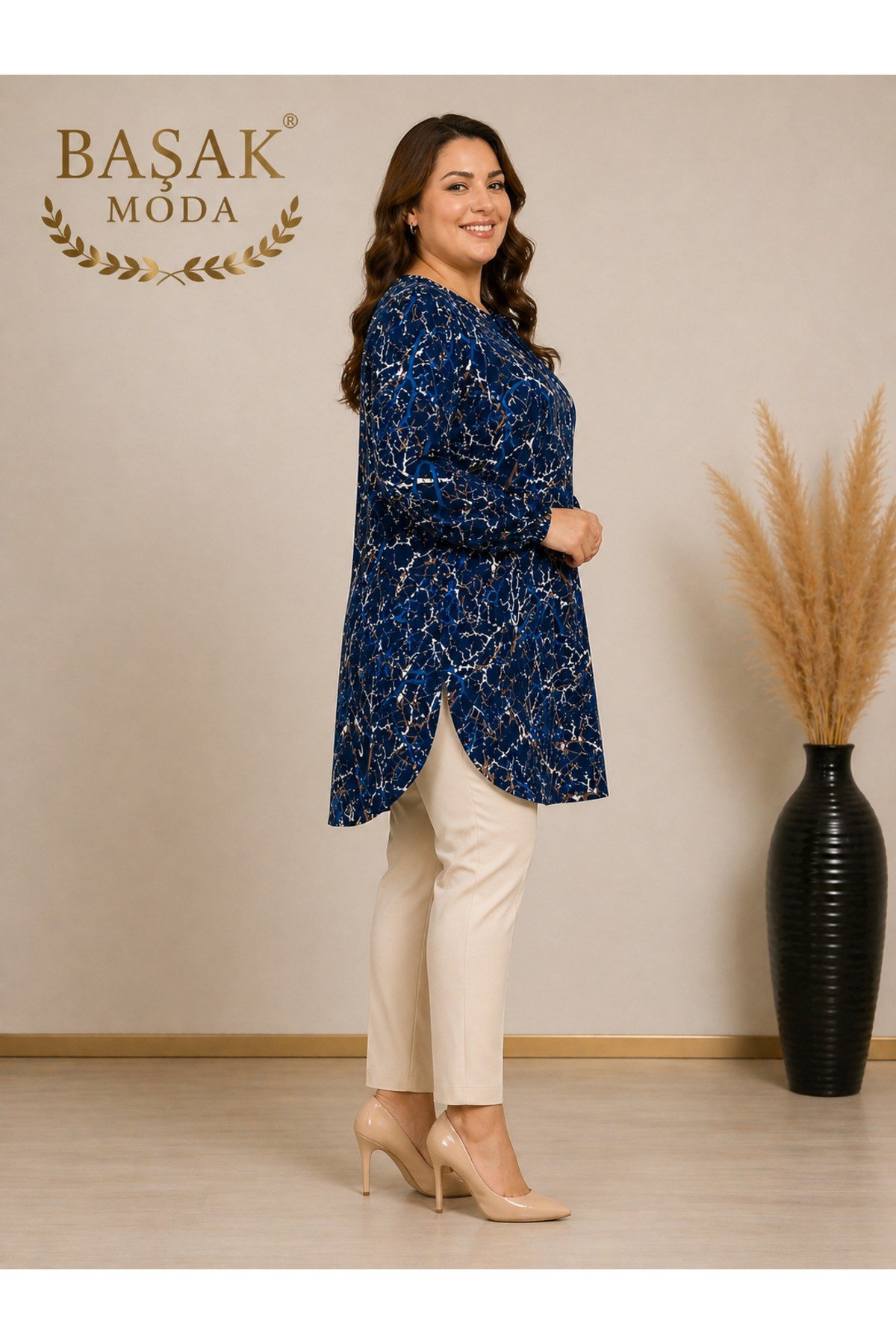 MODA BAŞAK %100 PAMUK DOKUMA DESENLİ TUNİK RAHAT KESİM BÜYÜK BEDEN