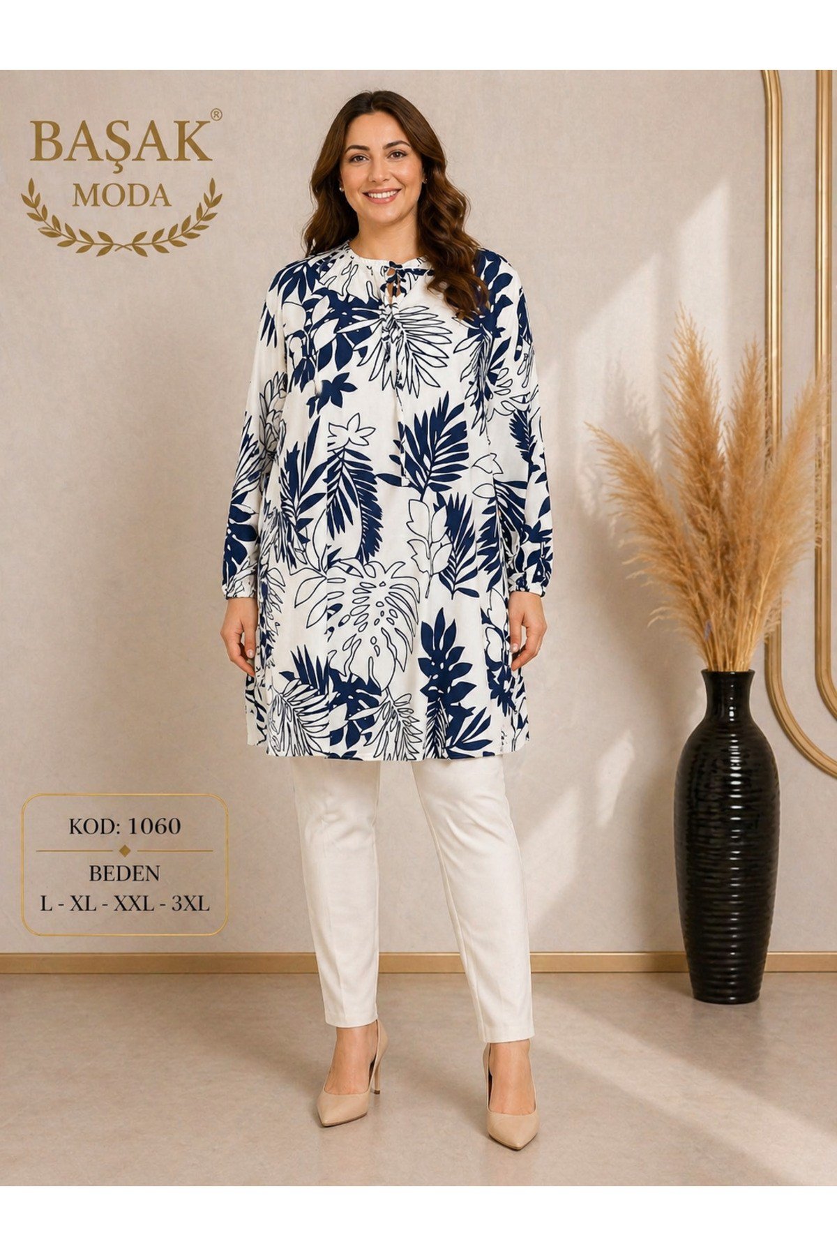MODA BAŞAK %100 PAMUK DOKUMA DESENLİ TUNİK RAHAT KESİM BÜYÜK BEDEN