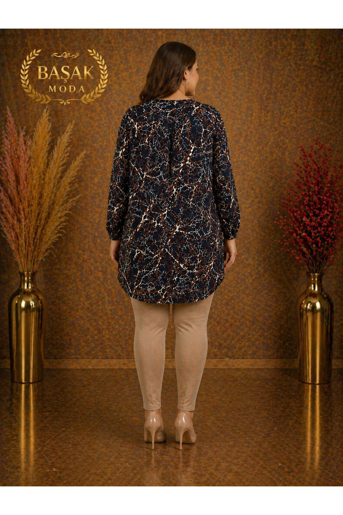 MODA BAŞAK %100 PAMUK DOKUMA DESENLİ TUNİK RAHAT KESİM BÜYÜK BEDEN