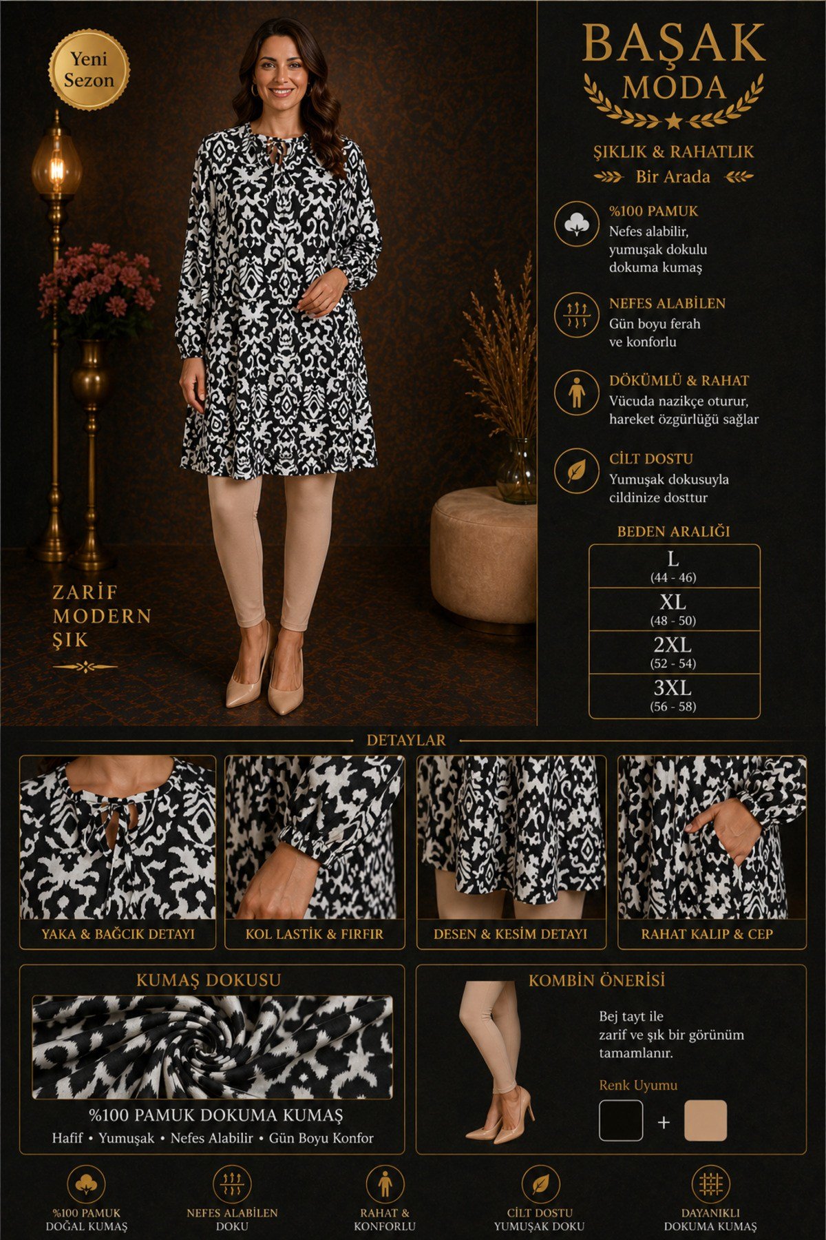 MODA BAŞAK %100 PAMUK DOKUMA DESENLİ TUNİK RAHAT KESİM BÜYÜK BEDEN