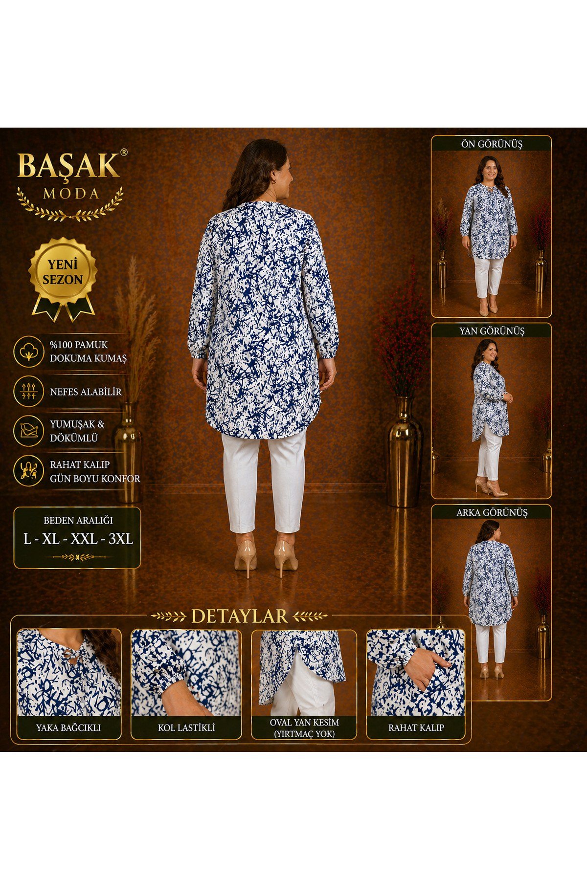 MODA BAŞAK %100 PAMUK DOKUMA DESENLİ TUNİK RAHAT KESİM BÜYÜK BEDEN