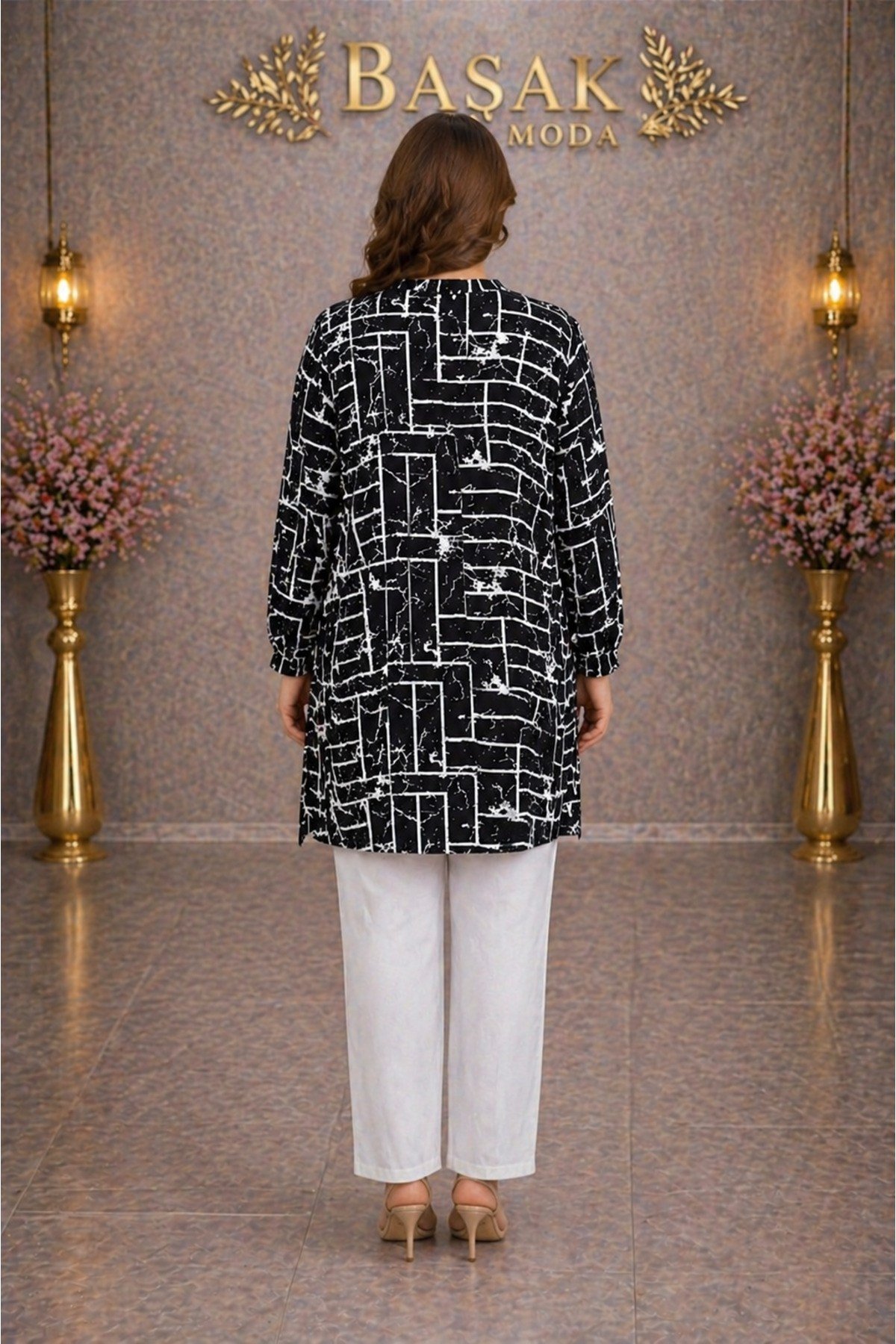 MODA BAŞAK %100 PAMUK DOKUMA DESENLİ TUNİK RAHAT KESİM BÜYÜK BEDEN