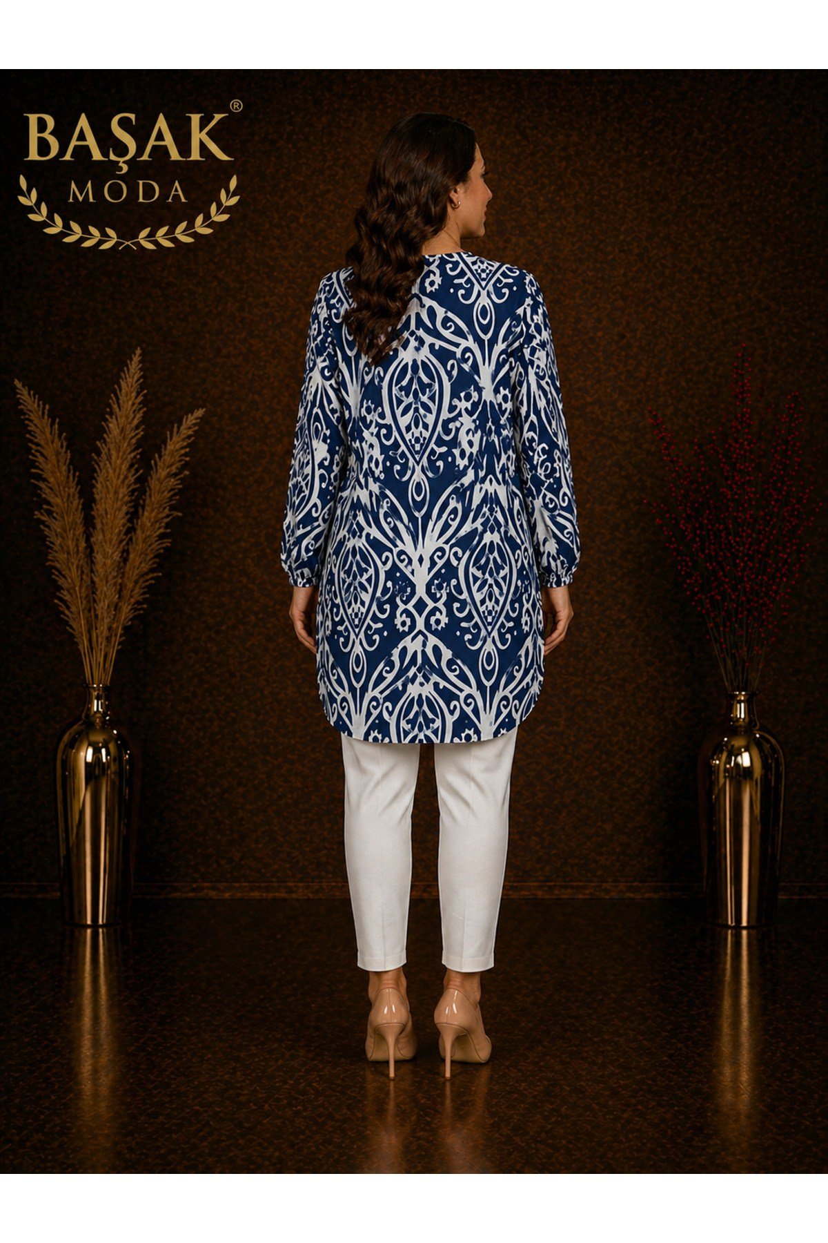MODA BAŞAK %100 PAMUK DOKUMA DESENLİ TUNİK RAHAT KESİM BÜYÜK BEDEN