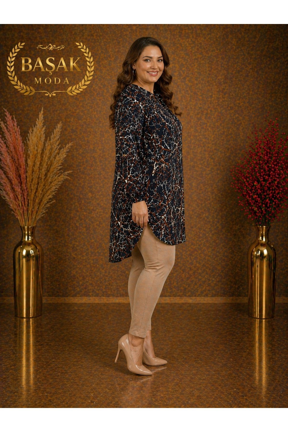 MODA BAŞAK %100 PAMUK DOKUMA DESENLİ TUNİK RAHAT KESİM BÜYÜK BEDEN