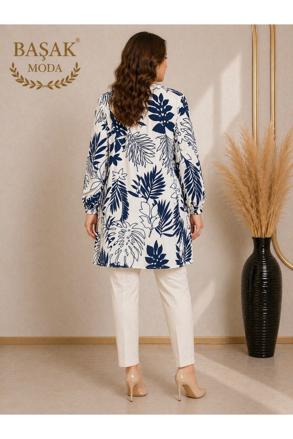 MODA BAŞAK %100 PAMUK DOKUMA DESENLİ TUNİK RAHAT KESİM BÜYÜK BEDEN