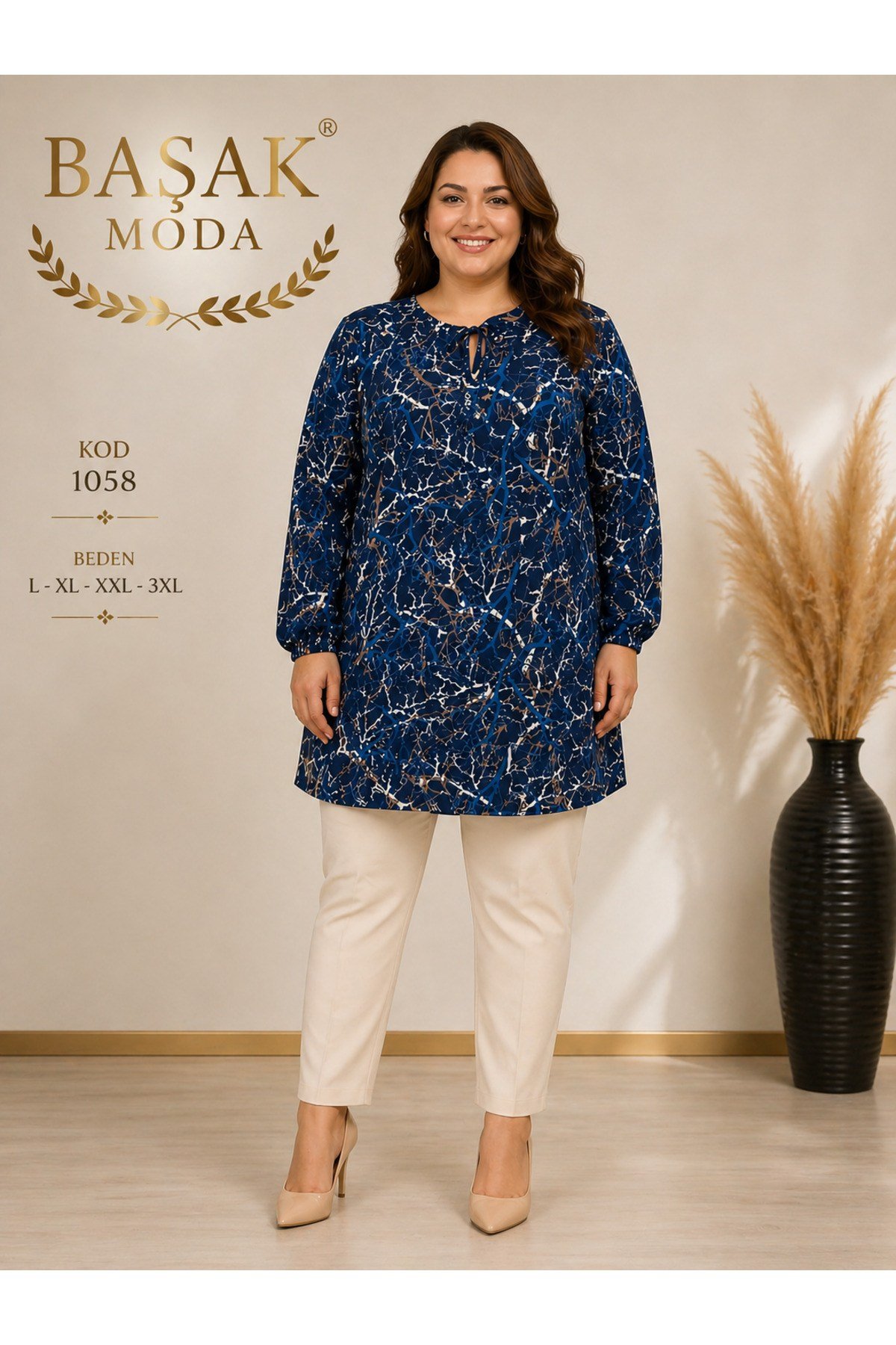 MODA BAŞAK %100 PAMUK DOKUMA DESENLİ TUNİK RAHAT KESİM BÜYÜK BEDEN