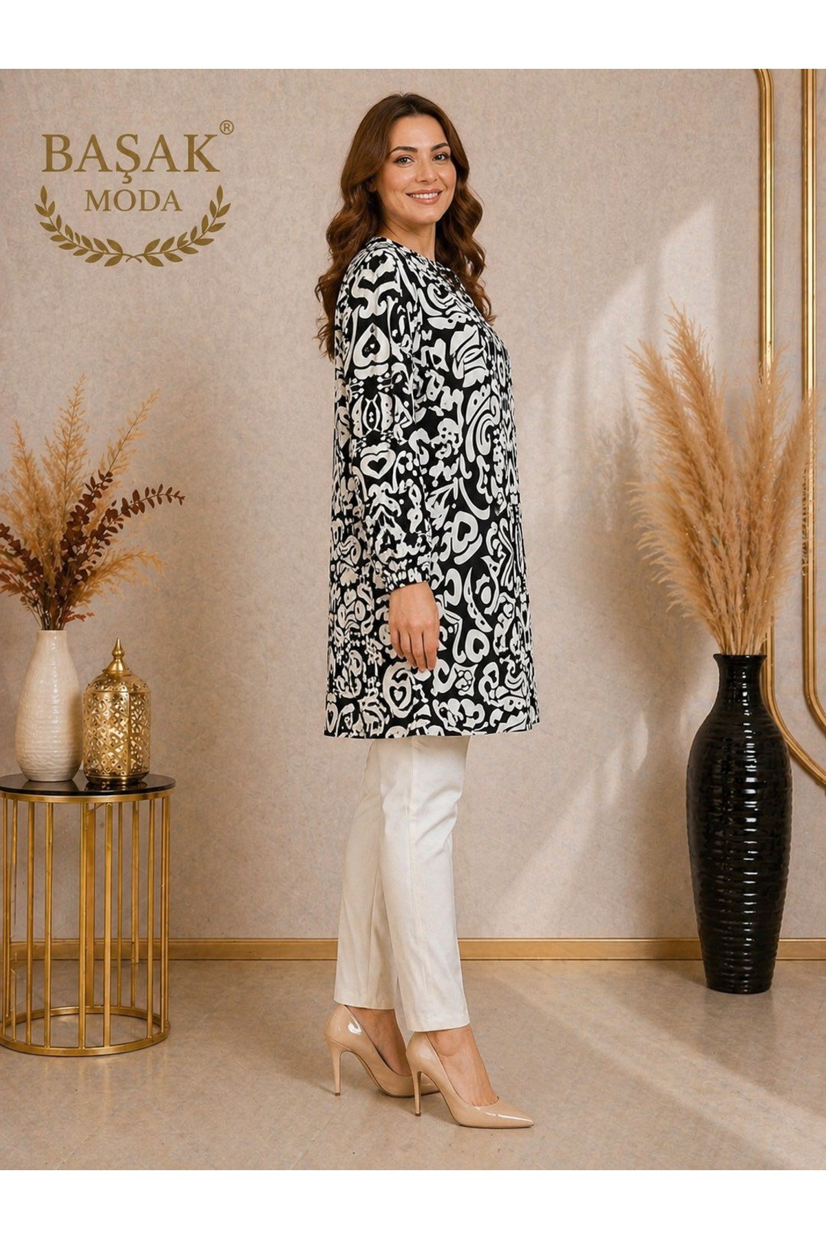 MODA BAŞAK %100 PAMUK DOKUMA DESENLİ TUNİK RAHAT KESİM BÜYÜK BEDEN