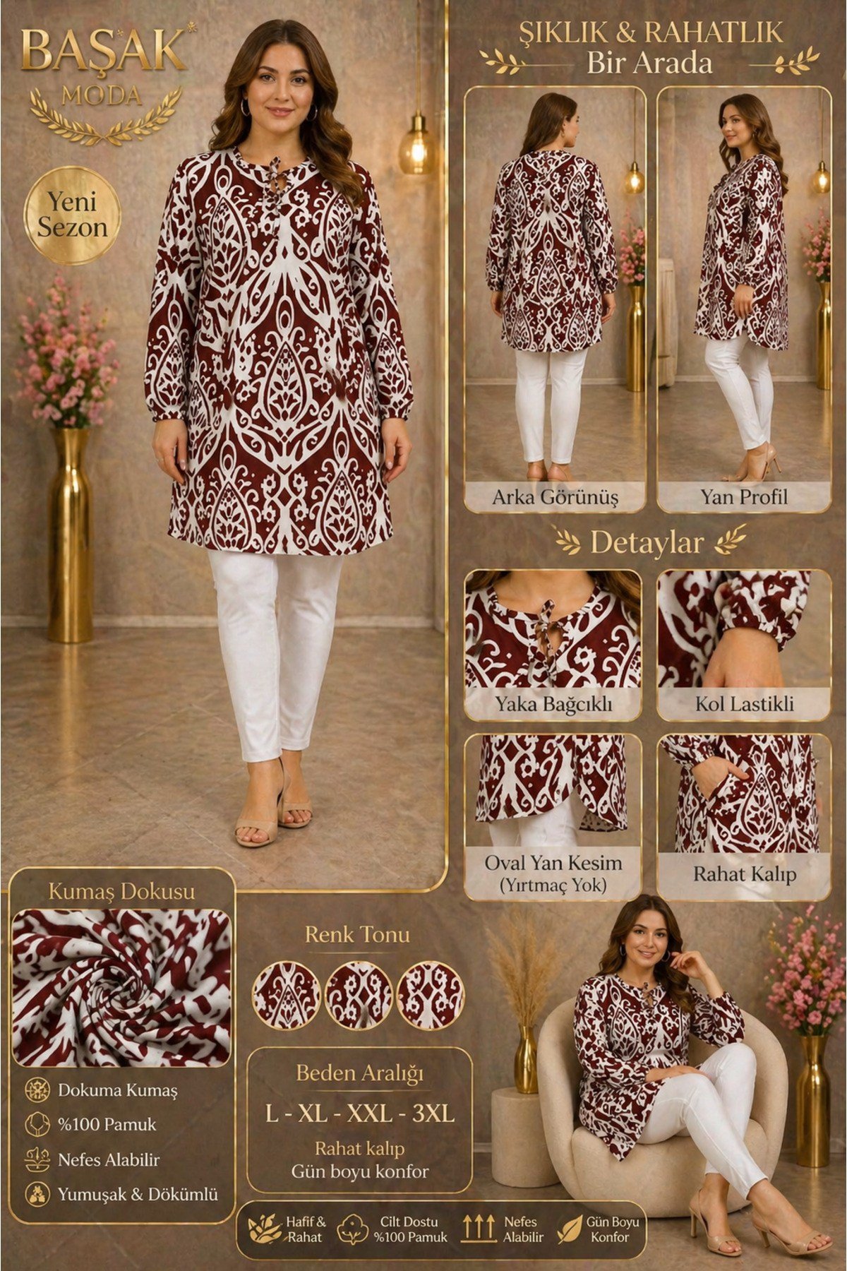 MODA BAŞAK %100 PAMUK DOKUMA DESENLİ TUNİK RAHAT KESİM BÜYÜK BEDEN
