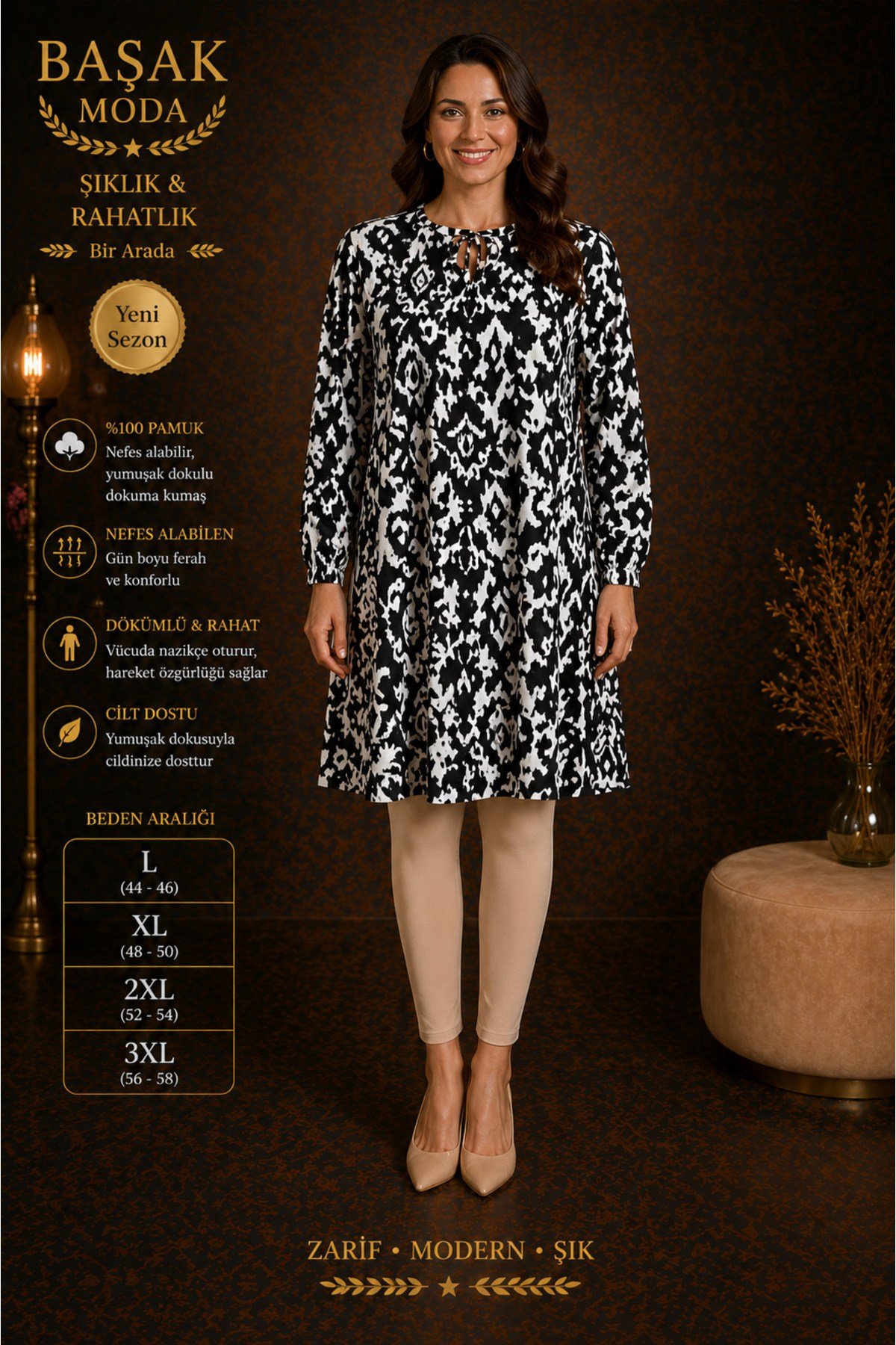 MODA BAŞAK %100 PAMUK DOKUMA DESENLİ TUNİK RAHAT KESİM BÜYÜK BEDEN