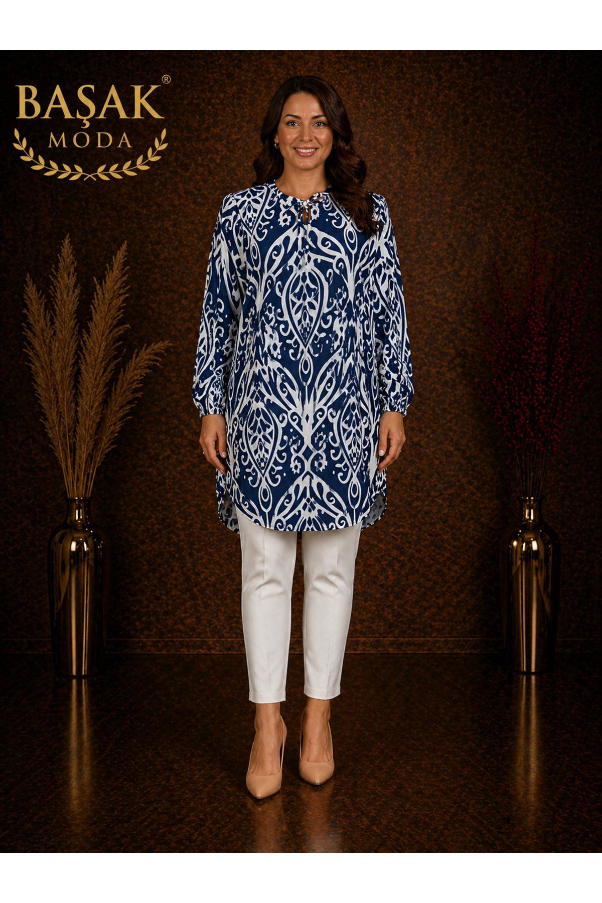 MODA BAŞAK %100 PAMUK DOKUMA DESENLİ TUNİK RAHAT KESİM BÜYÜK BEDEN