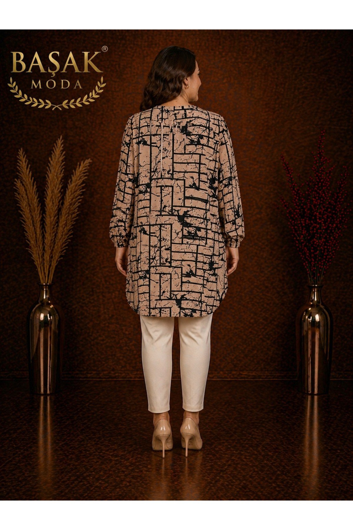 MODA BAŞAK %100 PAMUK DOKUMA DESENLİ TUNİK RAHAT KESİM BÜYÜK BEDEN