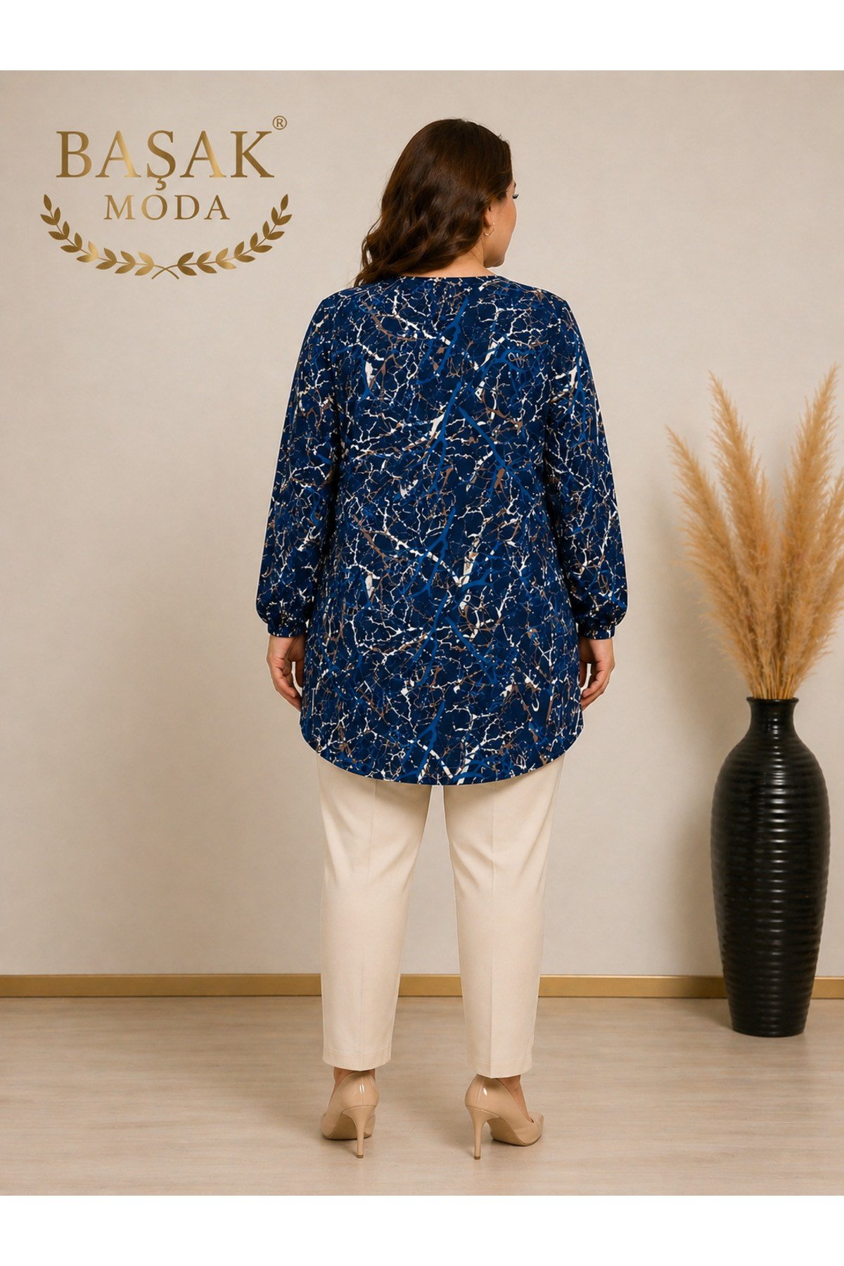 MODA BAŞAK %100 PAMUK DOKUMA DESENLİ TUNİK RAHAT KESİM BÜYÜK BEDEN