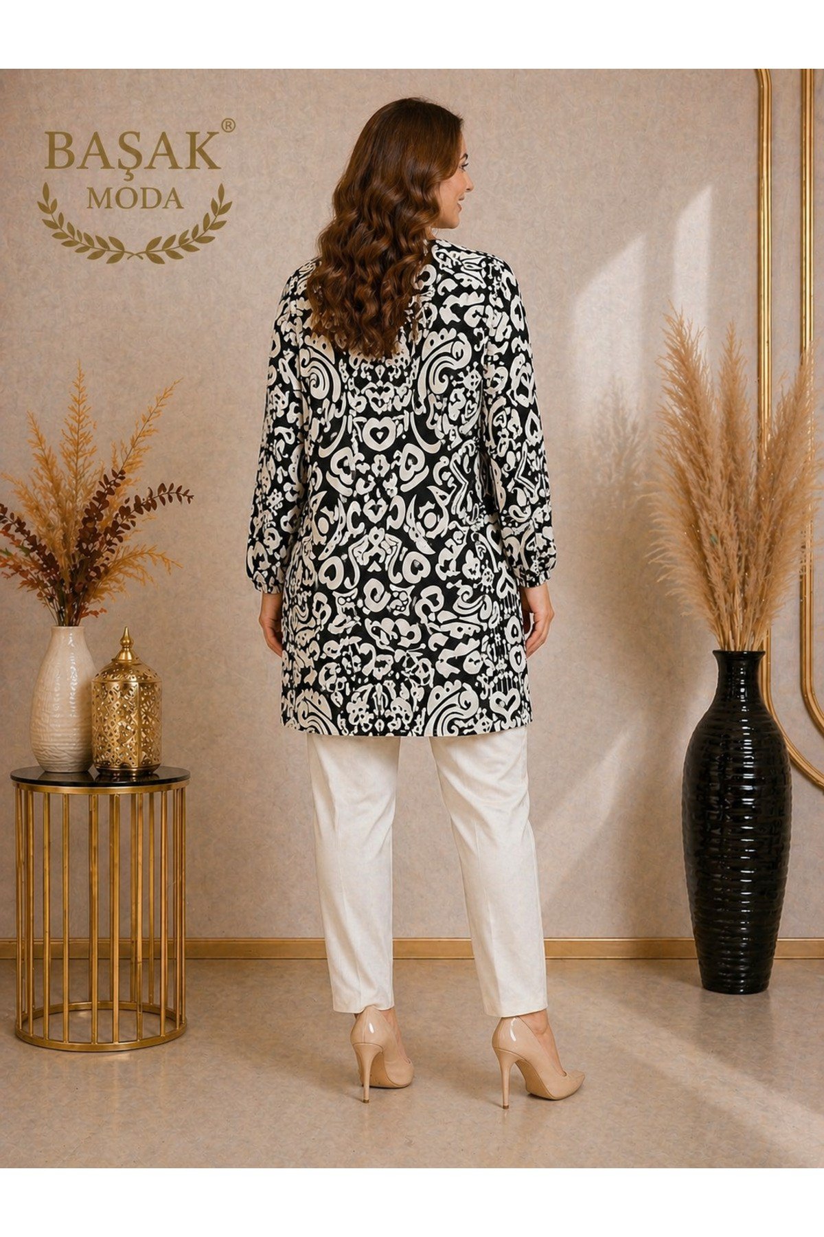 MODA BAŞAK %100 PAMUK DOKUMA DESENLİ TUNİK RAHAT KESİM BÜYÜK BEDEN