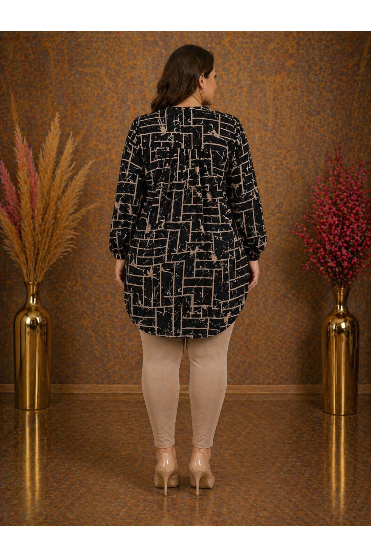 MODA BAŞAK %100 PAMUK DOKUMA DESENLİ TUNİK RAHAT KESİM BÜYÜK BEDEN