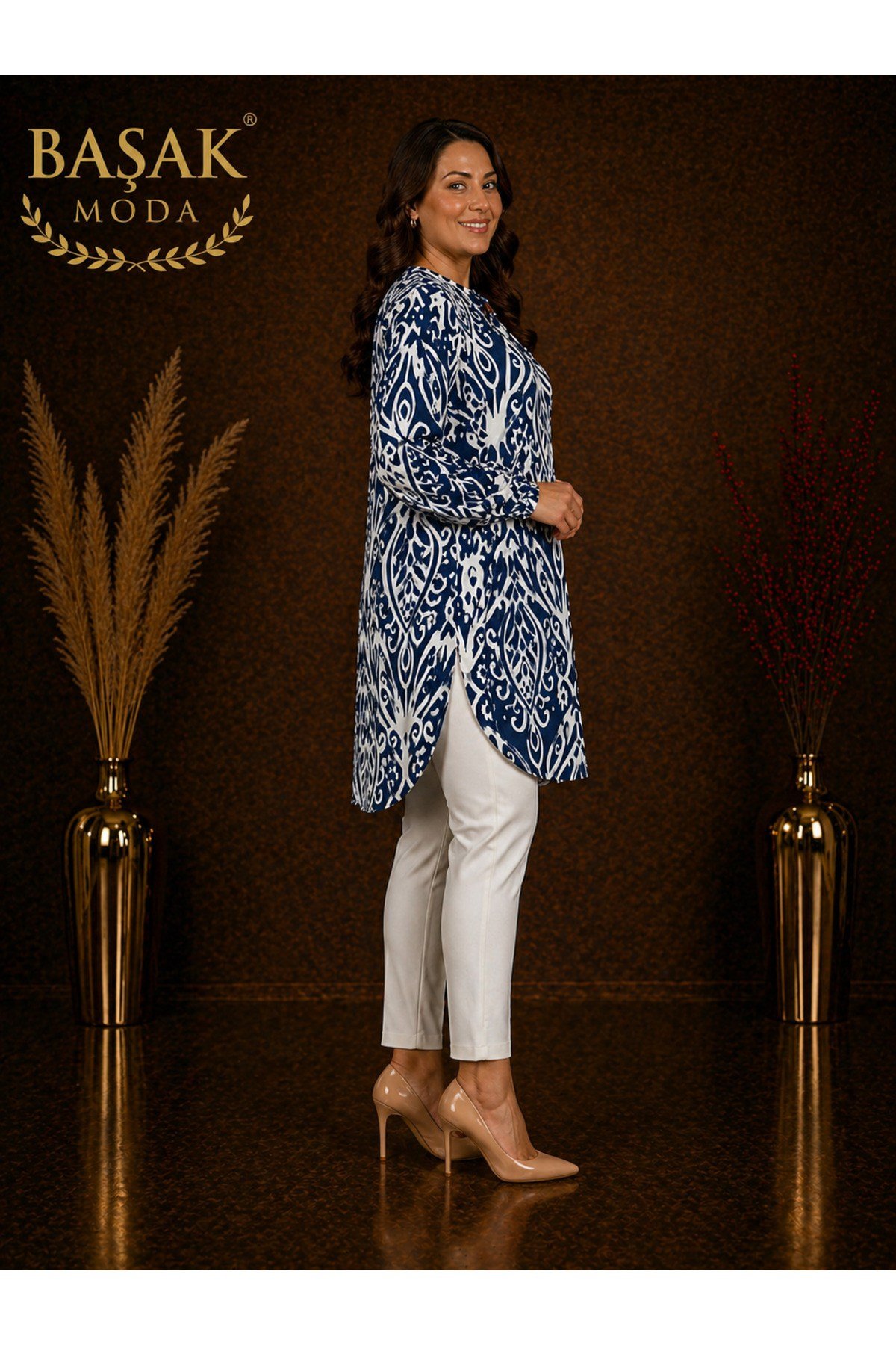 MODA BAŞAK %100 PAMUK DOKUMA DESENLİ TUNİK RAHAT KESİM BÜYÜK BEDEN