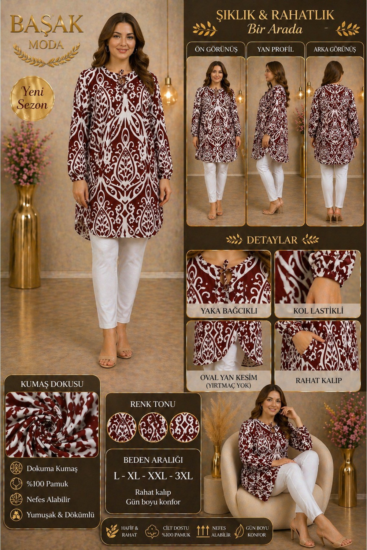 MODA BAŞAK %100 PAMUK DOKUMA DESENLİ TUNİK RAHAT KESİM BÜYÜK BEDEN