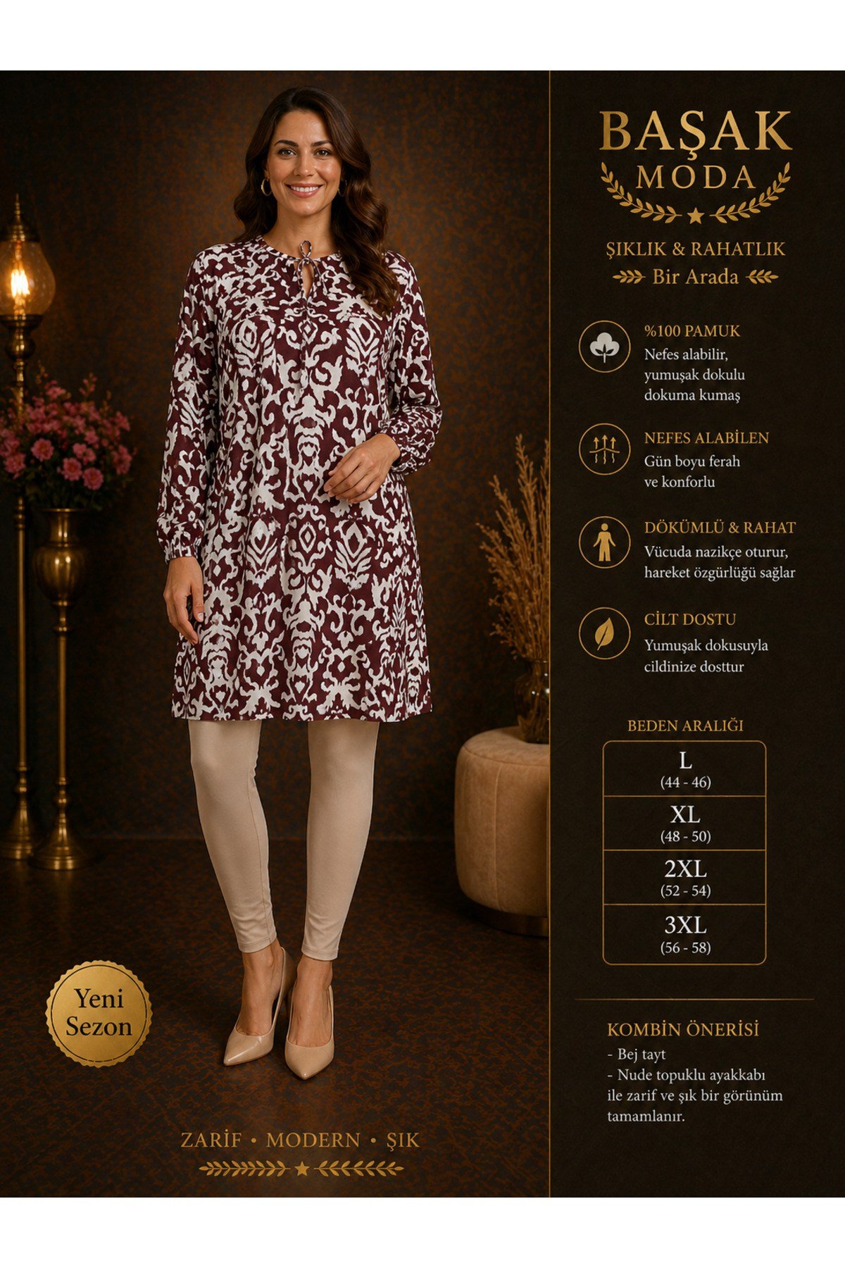 MODA BAŞAK %100 PAMUK DOKUMA DESENLİ TUNİK RAHAT KESİM BÜYÜK BEDEN