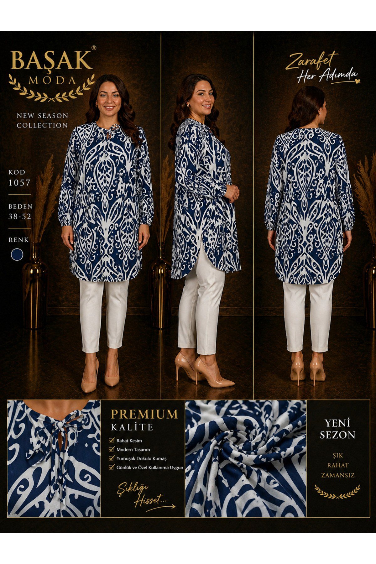 MODA BAŞAK %100 PAMUK DOKUMA DESENLİ TUNİK RAHAT KESİM BÜYÜK BEDEN