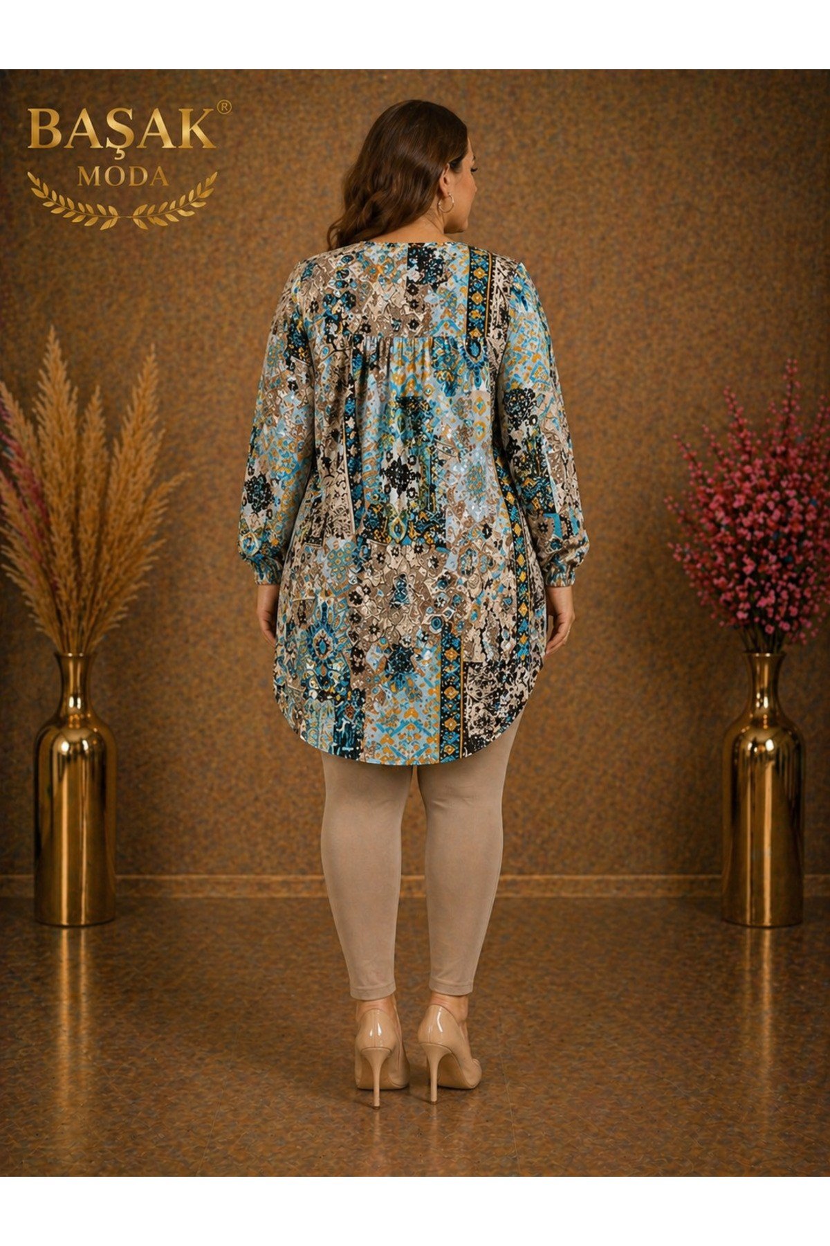 MODA BAŞAK %100 PAMUK DOKUMA DESENLİ TUNİK RAHAT KESİM BÜYÜK BEDEN