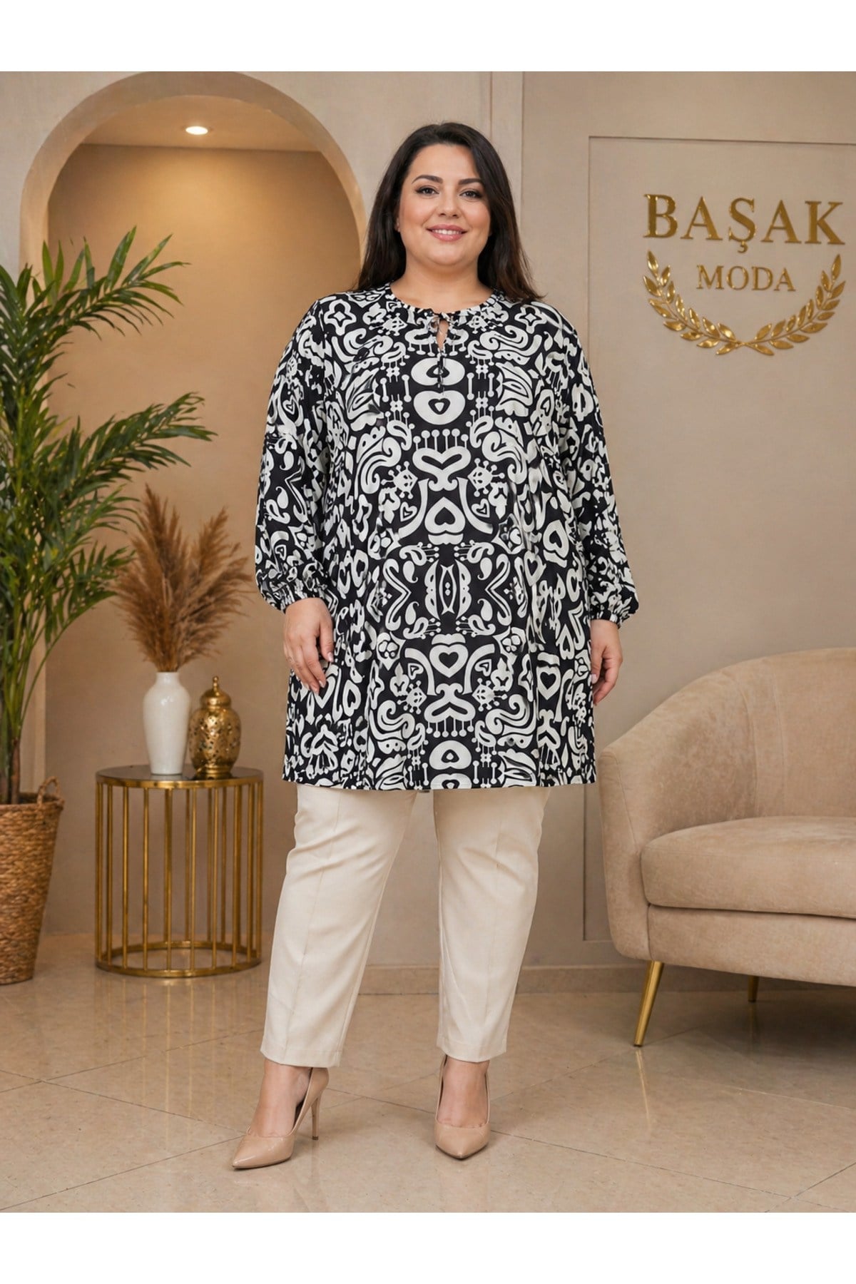 MODA BAŞAK %100 PAMUK DOKUMA DESENLİ TUNİK RAHAT KESİM BÜYÜK BEDEN