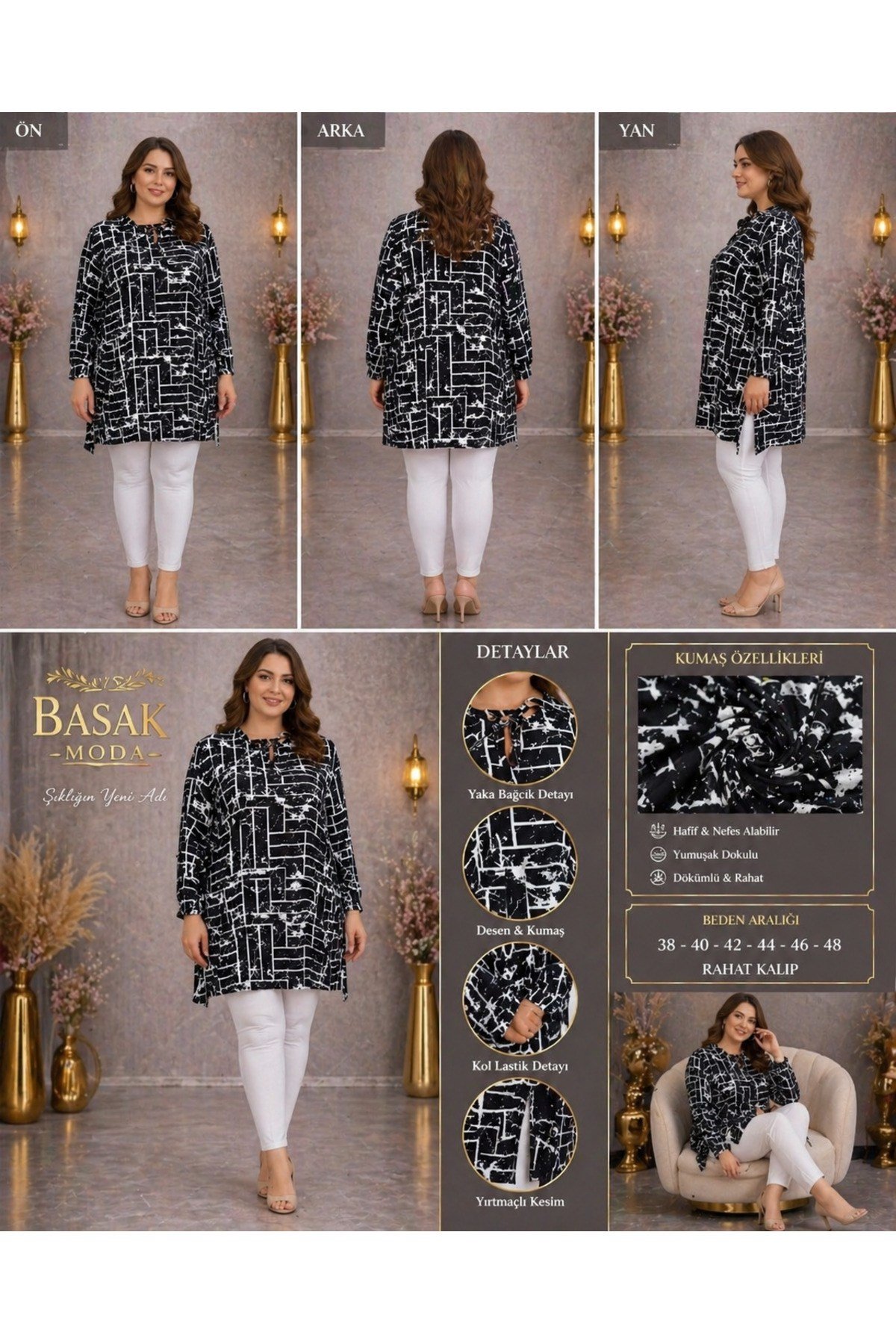 MODA BAŞAK %100 PAMUK DOKUMA DESENLİ TUNİK RAHAT KESİM BÜYÜK BEDEN