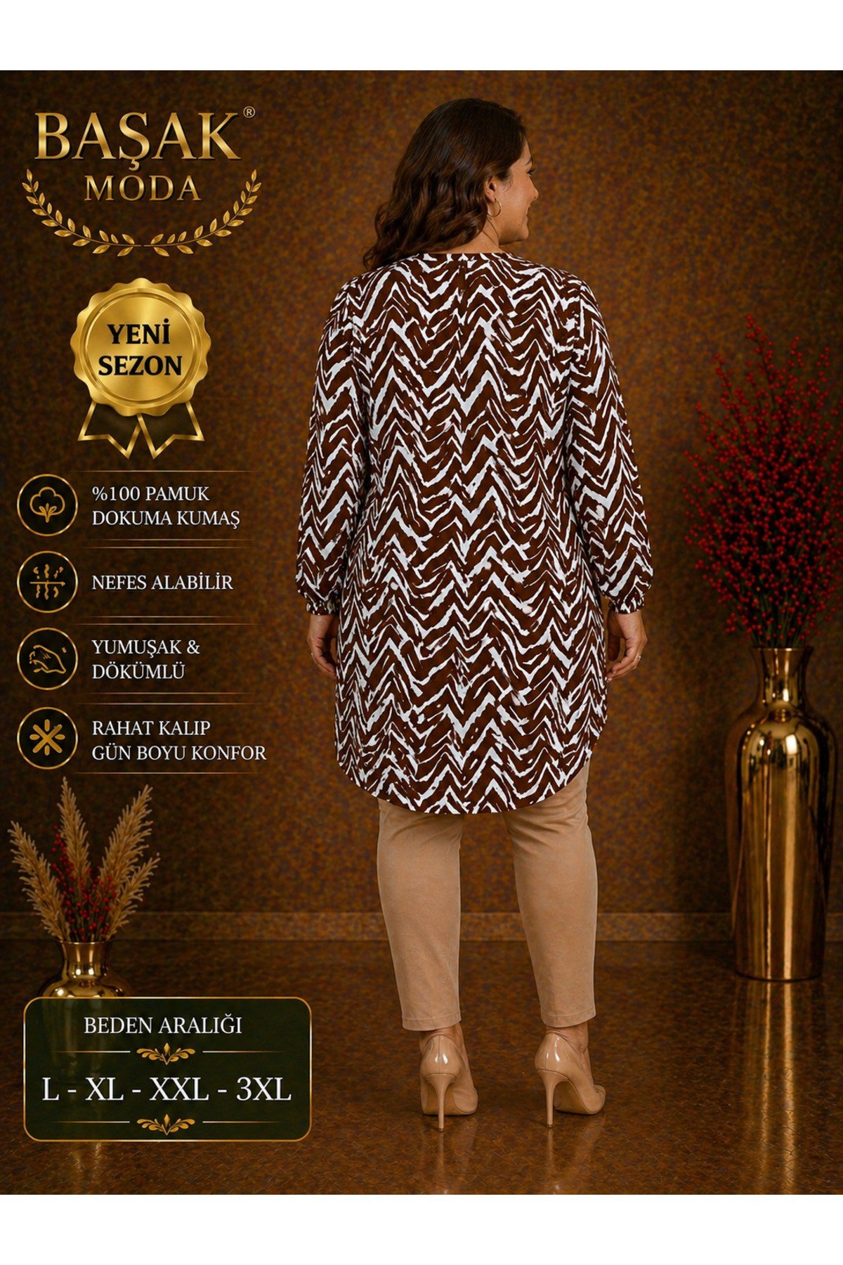 MODA BAŞAK %100 PAMUK DOKUMA DESENLİ TUNİK RAHAT KESİM BÜYÜK BEDEN