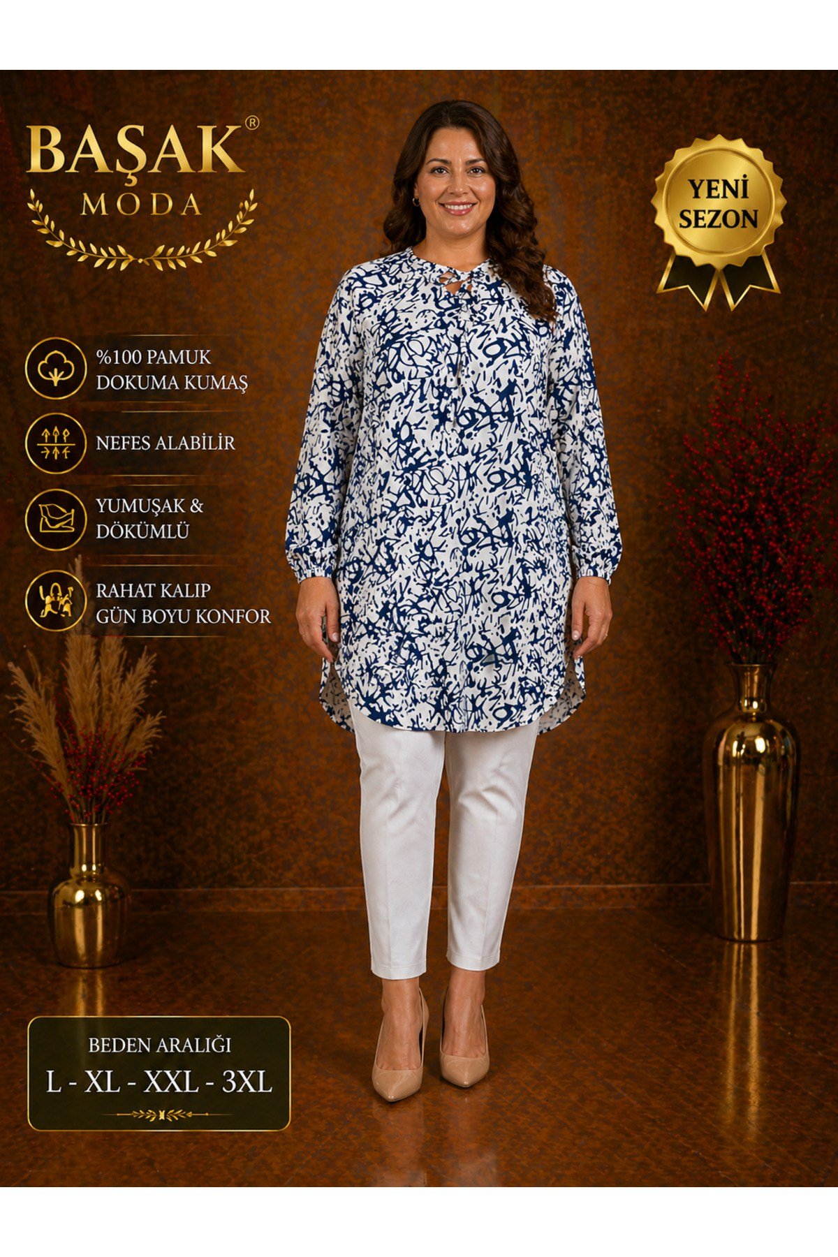 MODA BAŞAK %100 PAMUK DOKUMA DESENLİ TUNİK RAHAT KESİM BÜYÜK BEDEN