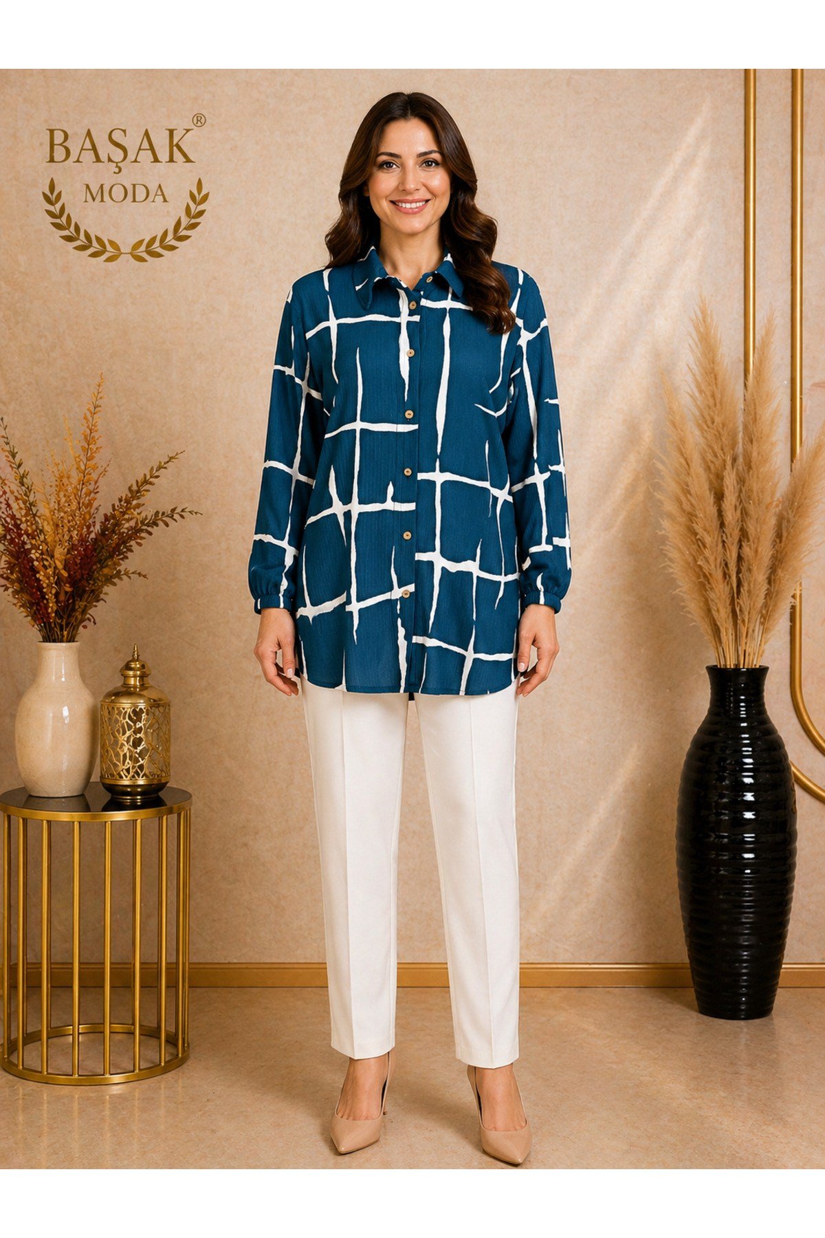 MODA BAŞAK BÜRÜMCÜK DESENLİ GÖMLEK RAHAT KESİM BÜYÜK BEDEN