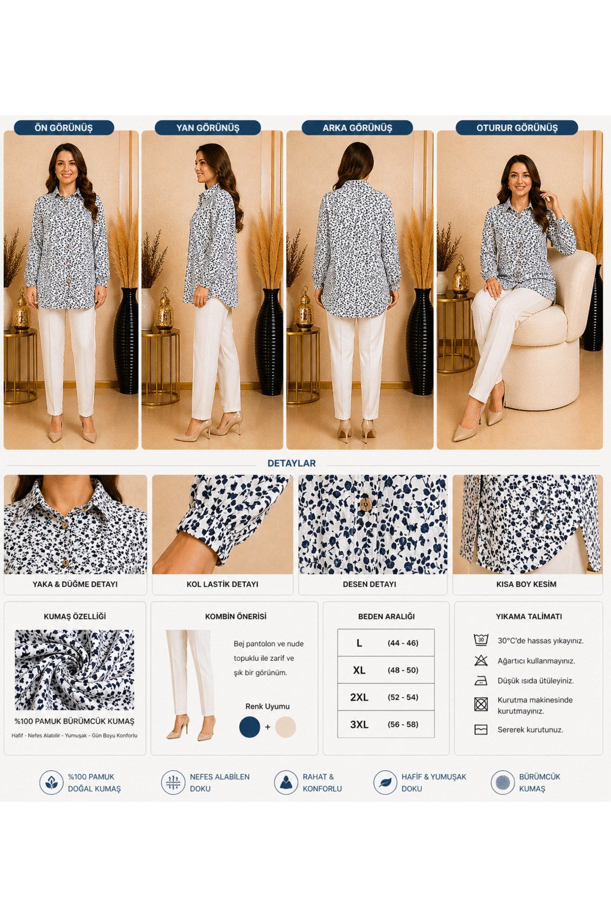 MODA BAŞAK BÜRÜMCÜK DESENLİ GÖMLEK RAHAT KESİM BÜYÜK BEDEN