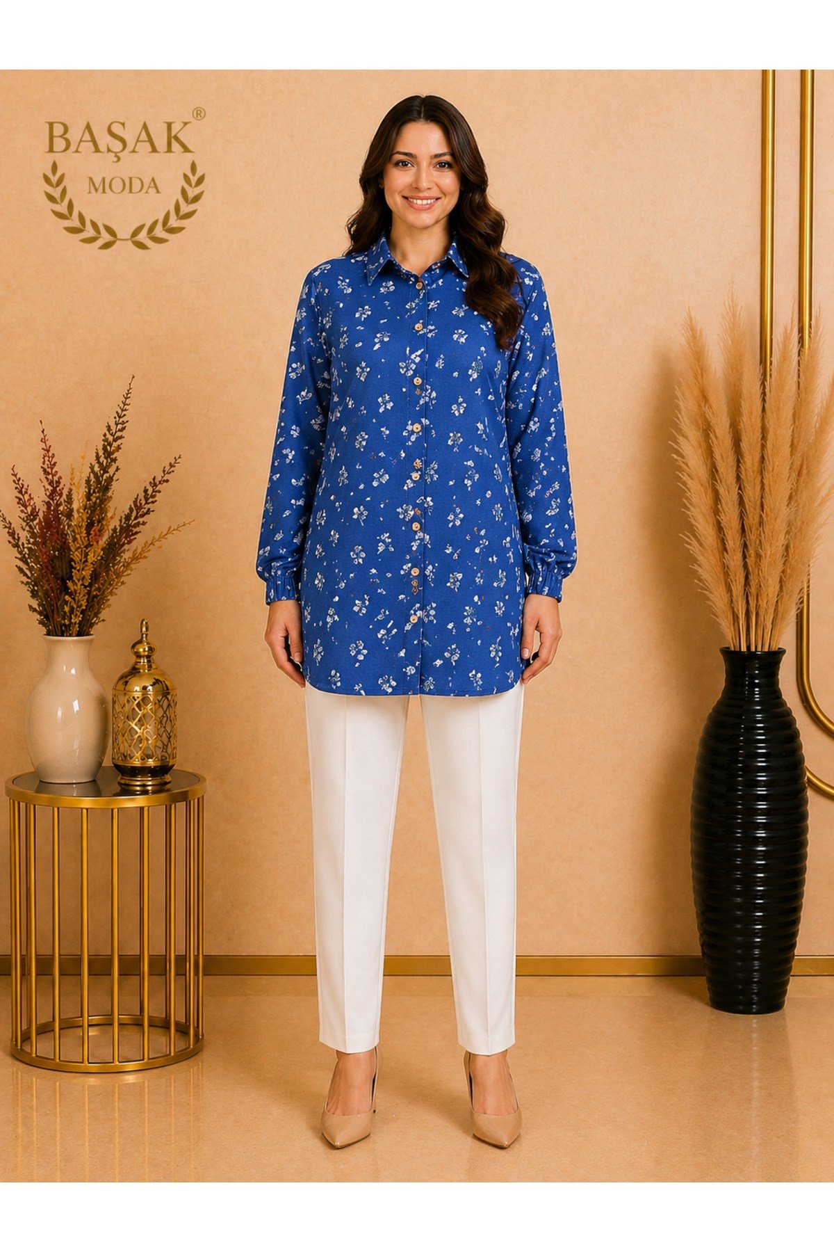 MODA BAŞAK BÜRÜMCÜK DESENLİ GÖMLEK RAHAT KESİM BÜYÜK BEDEN