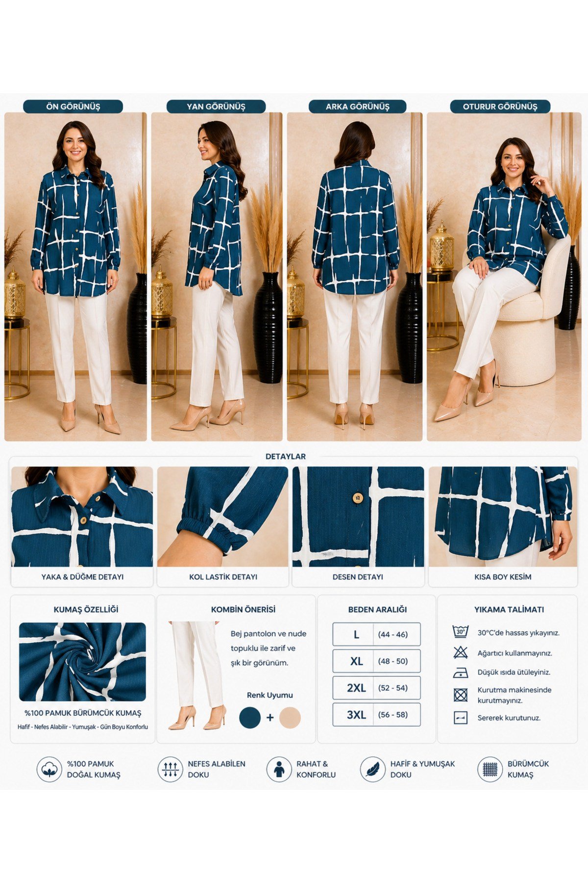 MODA BAŞAK BÜRÜMCÜK DESENLİ GÖMLEK RAHAT KESİM BÜYÜK BEDEN