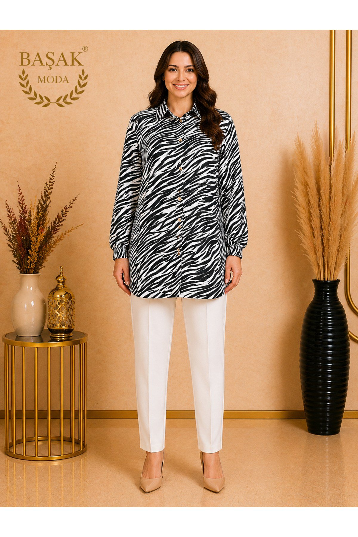 MODA BAŞAK BÜRÜMCÜK DESENLİ GÖMLEK RAHAT KESİM BÜYÜK BEDEN