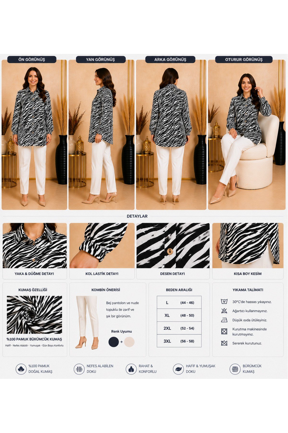 MODA BAŞAK BÜRÜMCÜK DESENLİ GÖMLEK RAHAT KESİM BÜYÜK BEDEN
