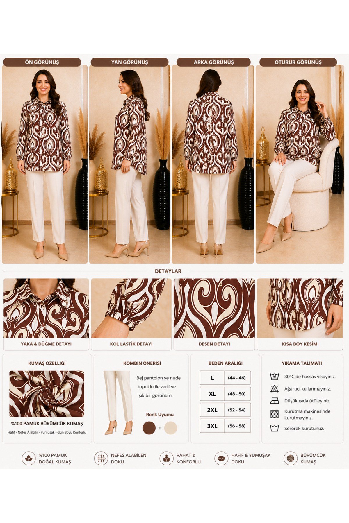 MODA BAŞAK BÜRÜMCÜK DESENLİ GÖMLEK RAHAT KESİM BÜYÜK BEDEN