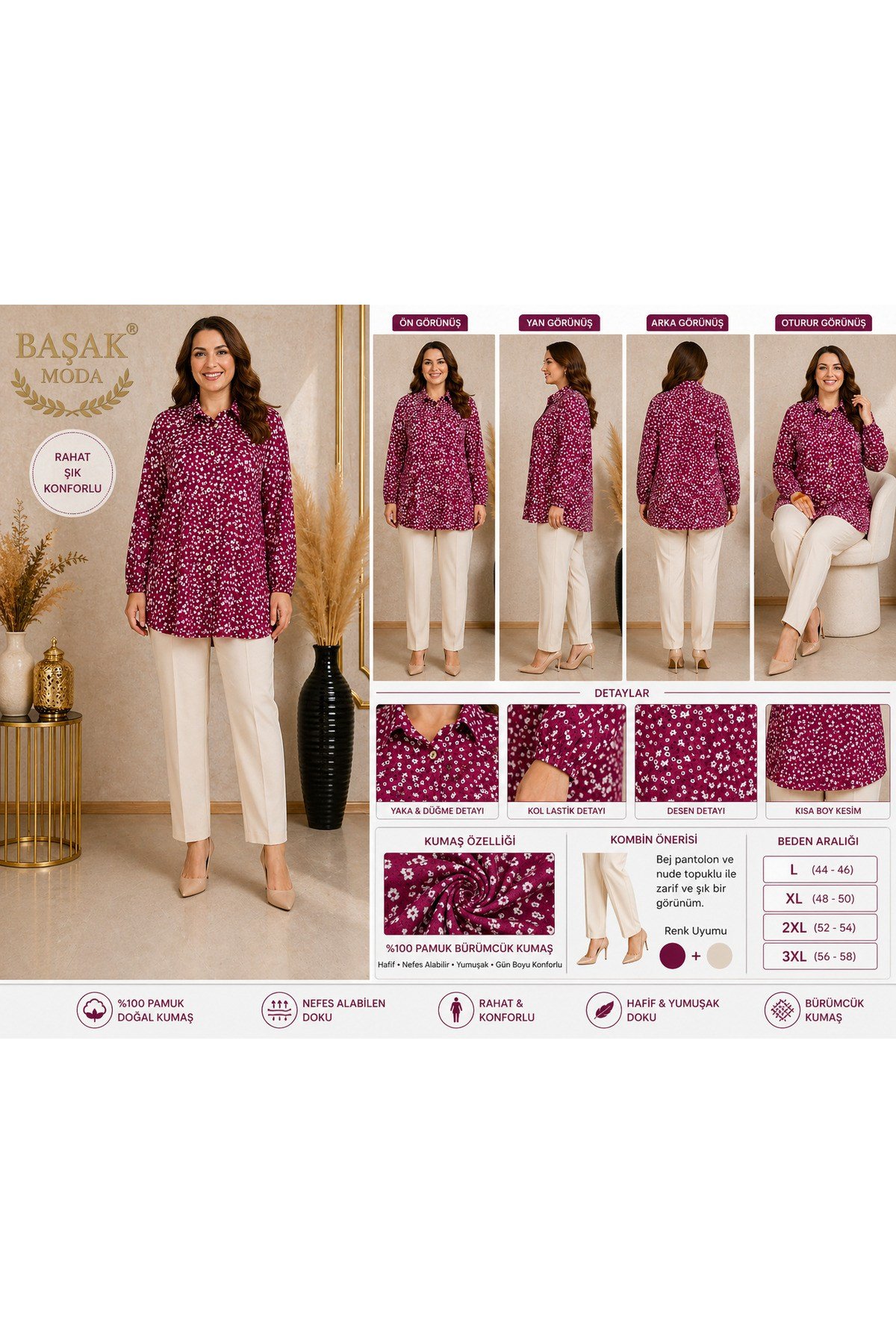 MODA BAŞAK BÜRÜMCÜK DESENLİ GÖMLEK RAHAT KESİM BÜYÜK BEDEN